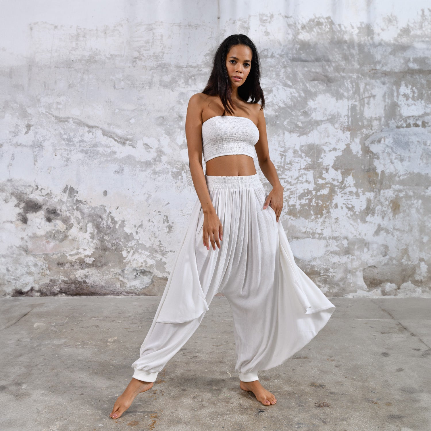 White Boho Women Beach Pants • Organic Wide Leg Yoga Trousers