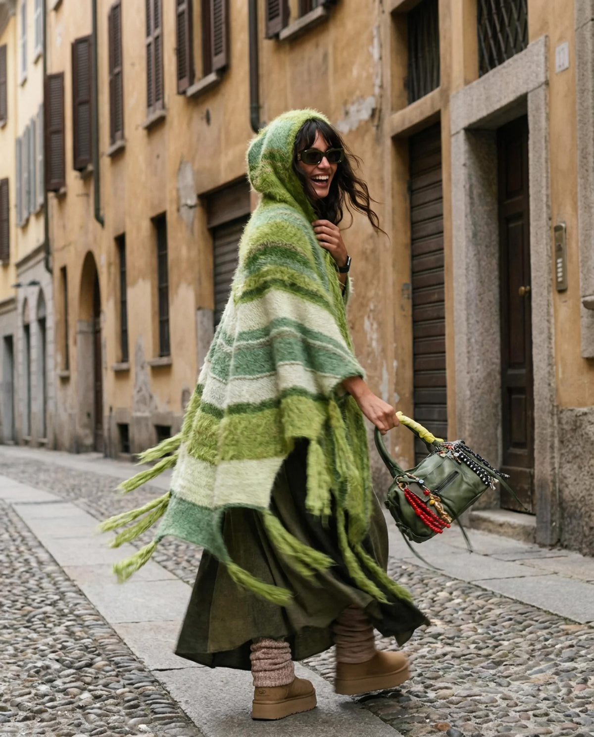 Puzzle Hand-Knitted Hooded Poncho · Moss