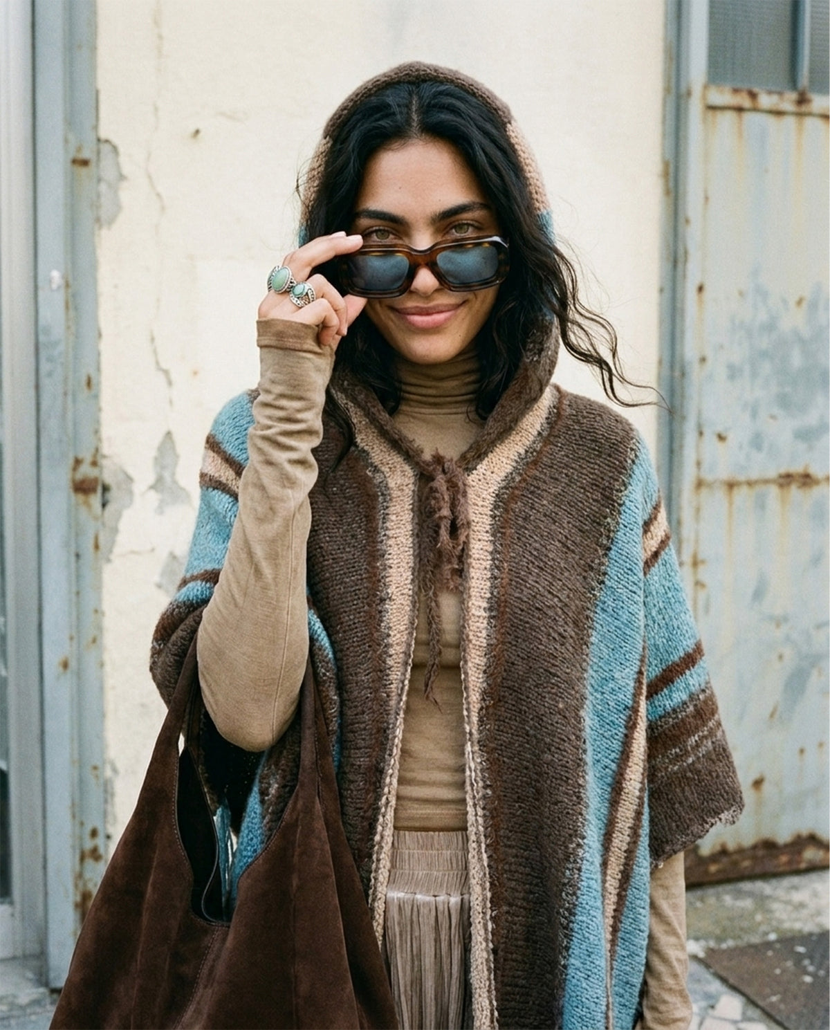 Puzzle Hand-Knitted Hooded Poncho · Bosphorus