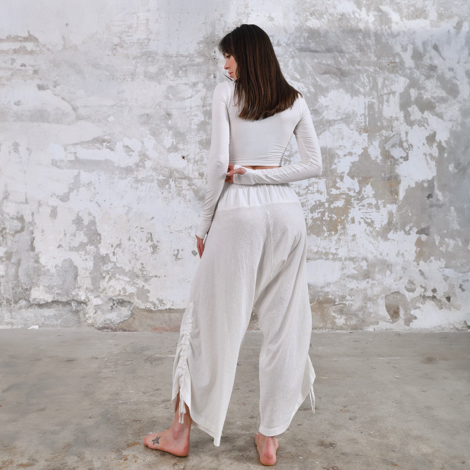 White Yoga Boho Pants, Handmade bohemian clothing for women Unique clothing designs with ethnic and tribal influences Sustainable and eco-friendly clothing options Artisanal clothing with intricate embroidery and embellishments Colorful and vibrant clothing for free-spirited women Boho-chic apparel with a relaxed and comfortable fit, burning man women