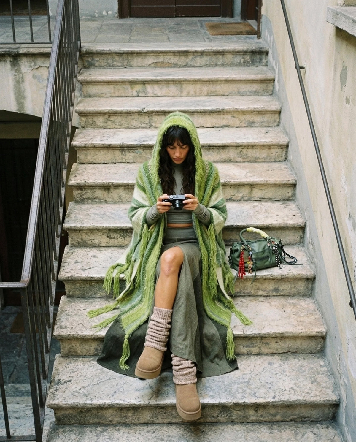 Puzzle Hand-Knitted Hooded Poncho · Moss