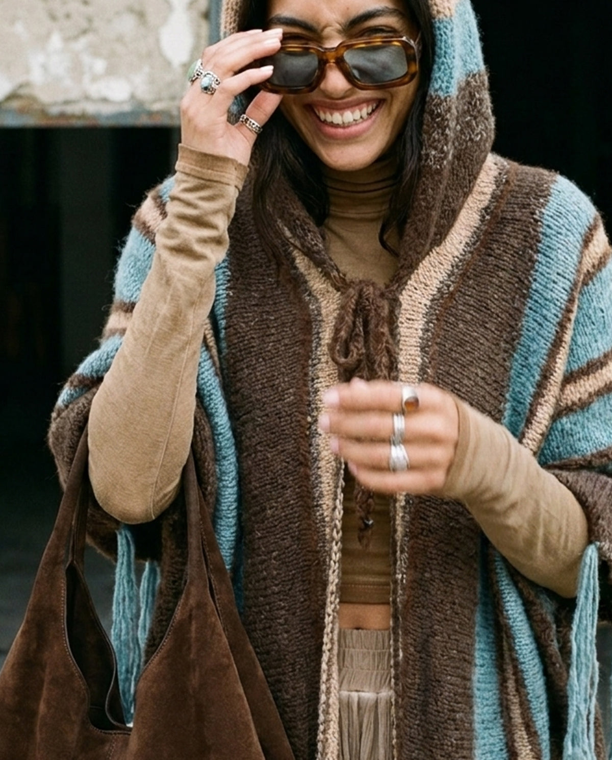 Puzzle Hand-Knitted Hooded Poncho · Bosphorus