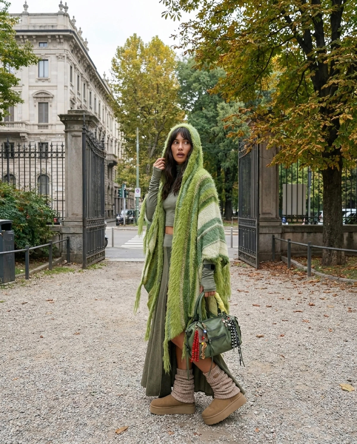 Puzzle Hand-Knitted Hooded Poncho · Moss