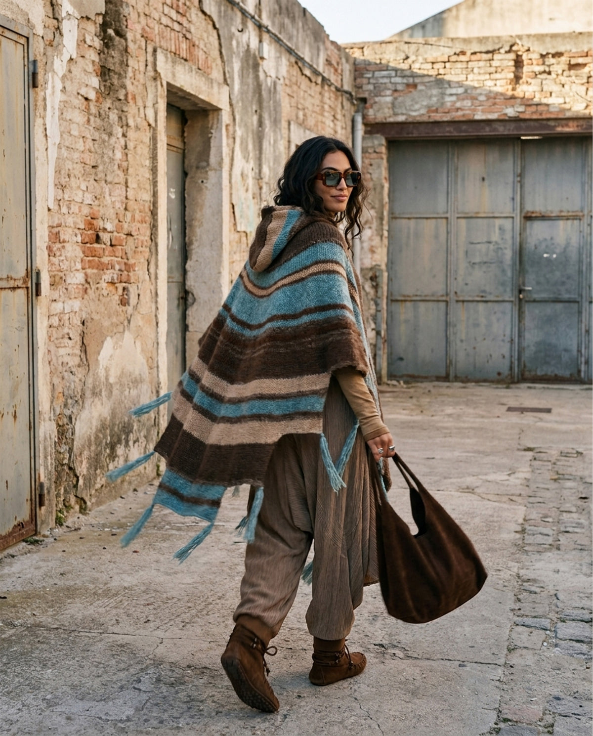 Puzzle Hand-Knitted Hooded Poncho · Bosphorus