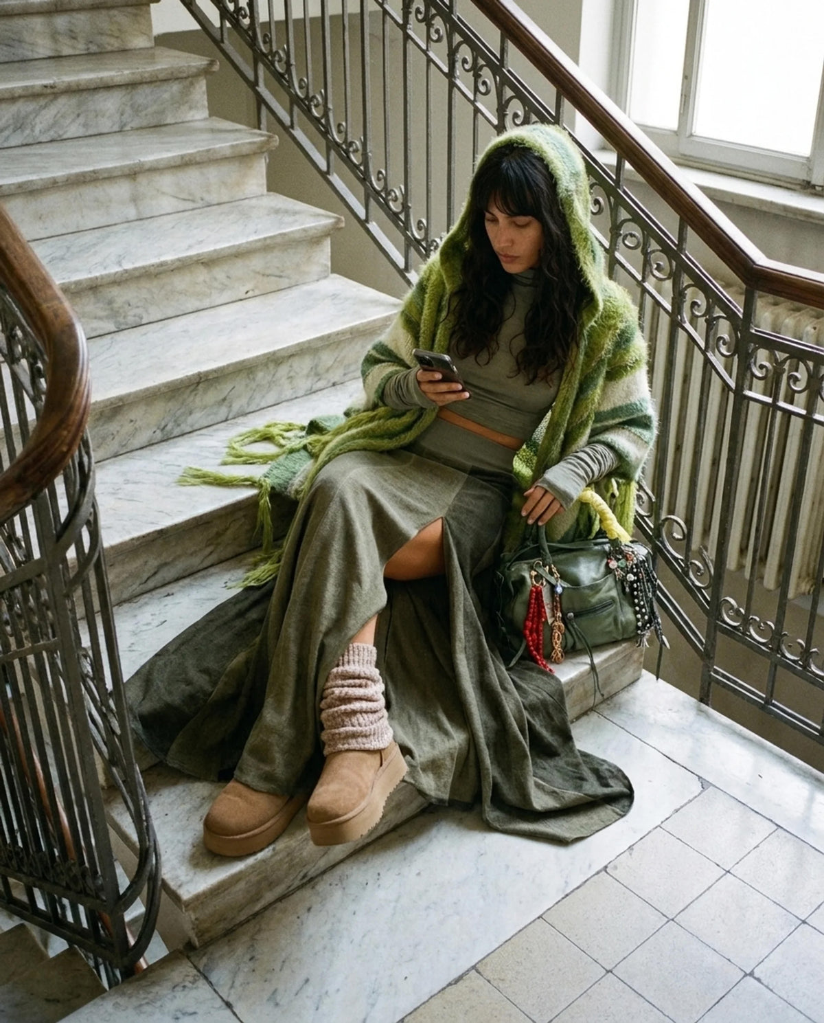 Puzzle Hand-Knitted Hooded Poncho · Moss