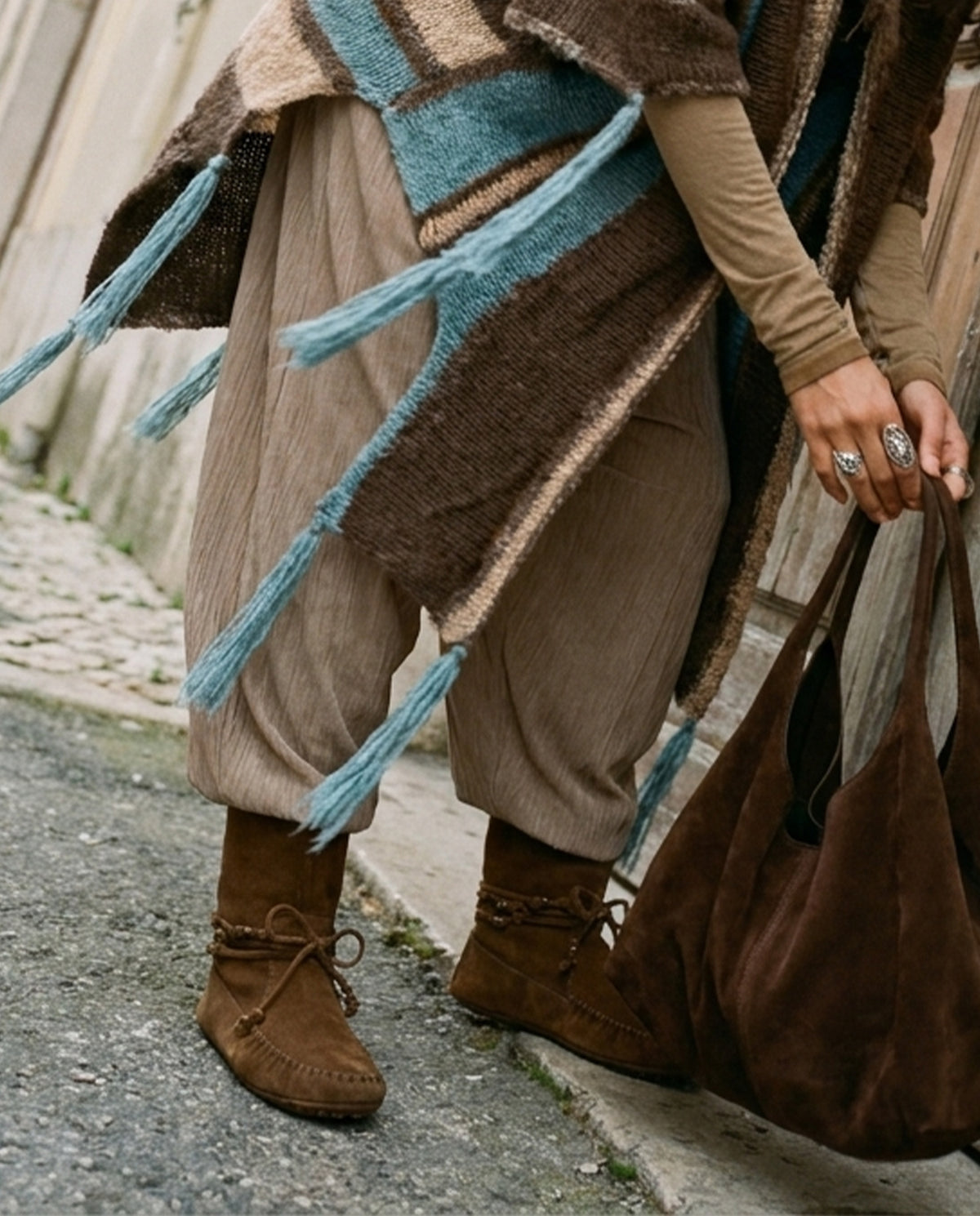 Puzzle Hand-Knitted Hooded Poncho · Bosphorus