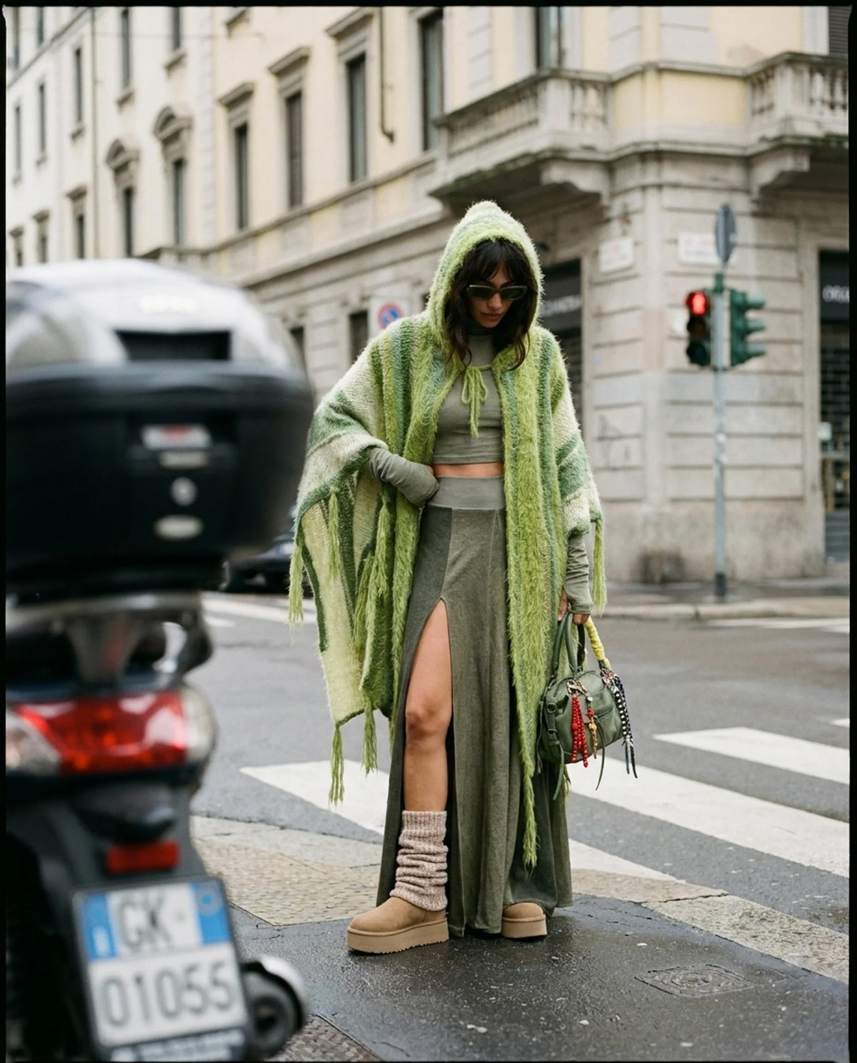 Puzzle Hand-Knitted Hooded Poncho · Moss