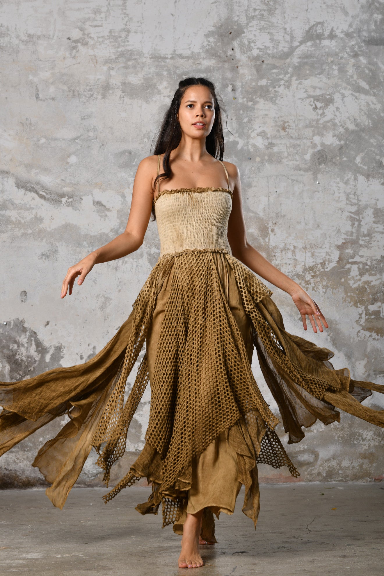 New! Red Rose Greek Goddess Dress • Boho Bridesmaid Dress • Bell Sleeves Dress • Open Belly with Copper Ring Dress • Organic Priestess Dress