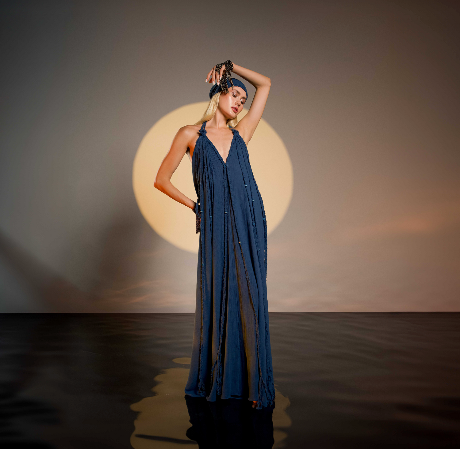 Navy blue boho dress with hand-braided details, designed to fit all sizes from XS to XL. Perfect for weddings, festivals, or resort wear, embodying boho chic and goddess style.