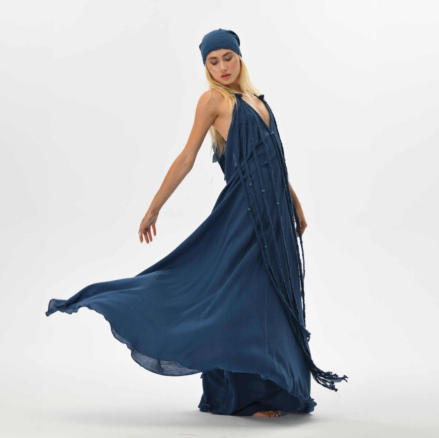 Gypsy-inspired navy blue boho dress with hand-braided details. water element goddess dress with a flowy fit, ideal for wedding guests, bridesmaids, or bohemian festivals.