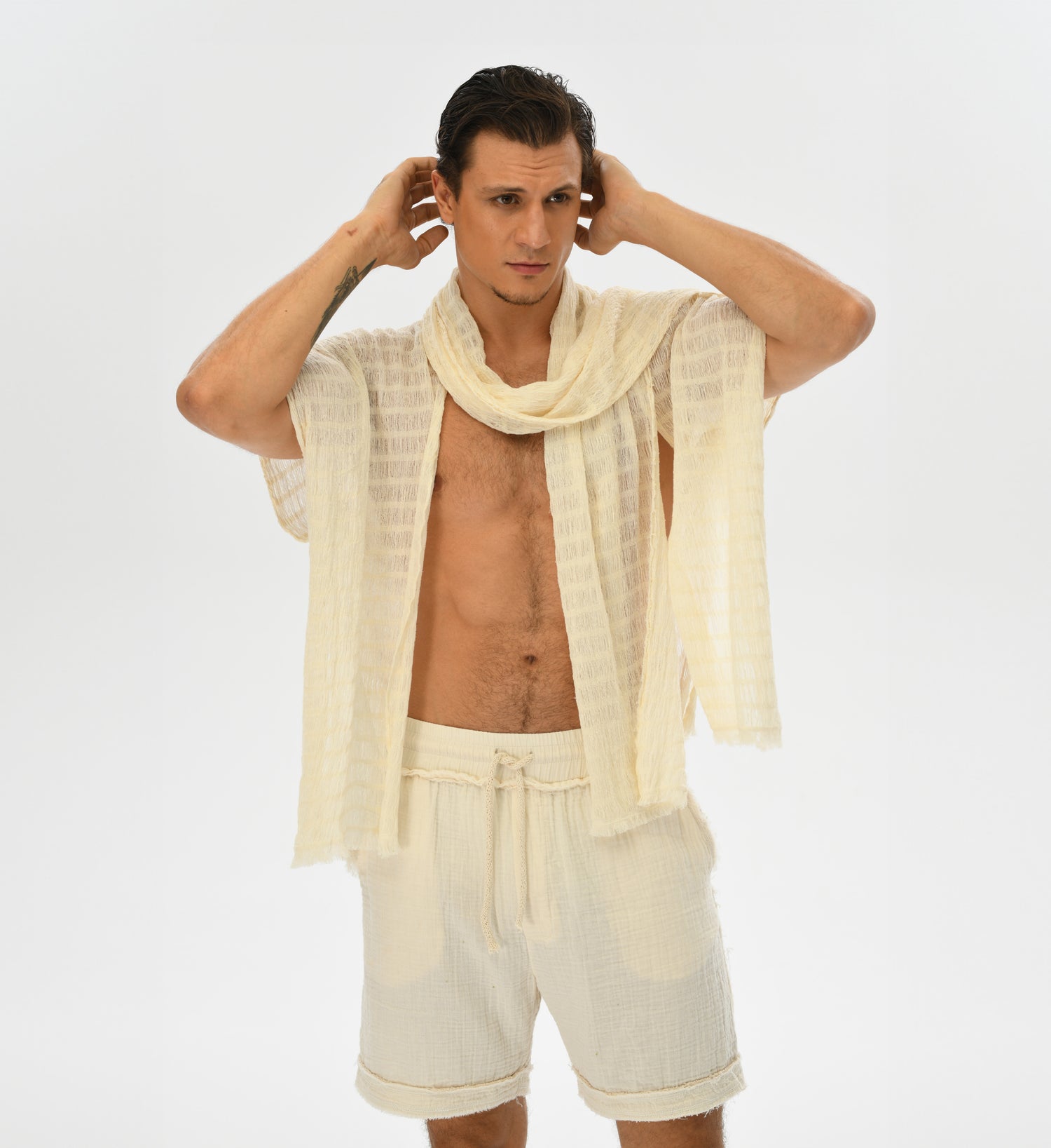 Unisex layered kimono with a shawl that also serves as a hood, made from soft handwoven fabric for summer wear.