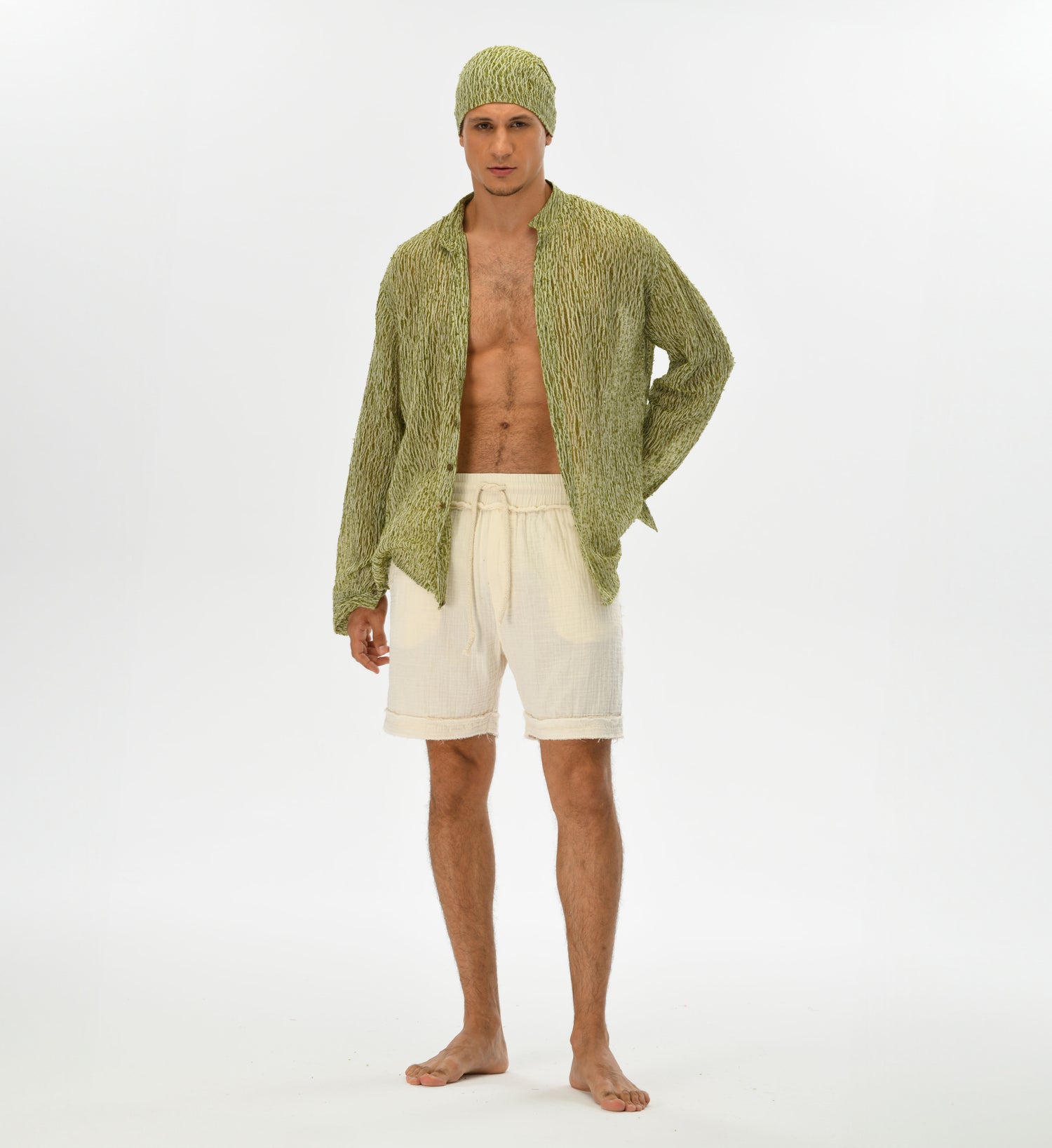 Boho beige men’s shorts, crafted from soft muslin Turkish cotton, perfect for summer festivals and casual outings.