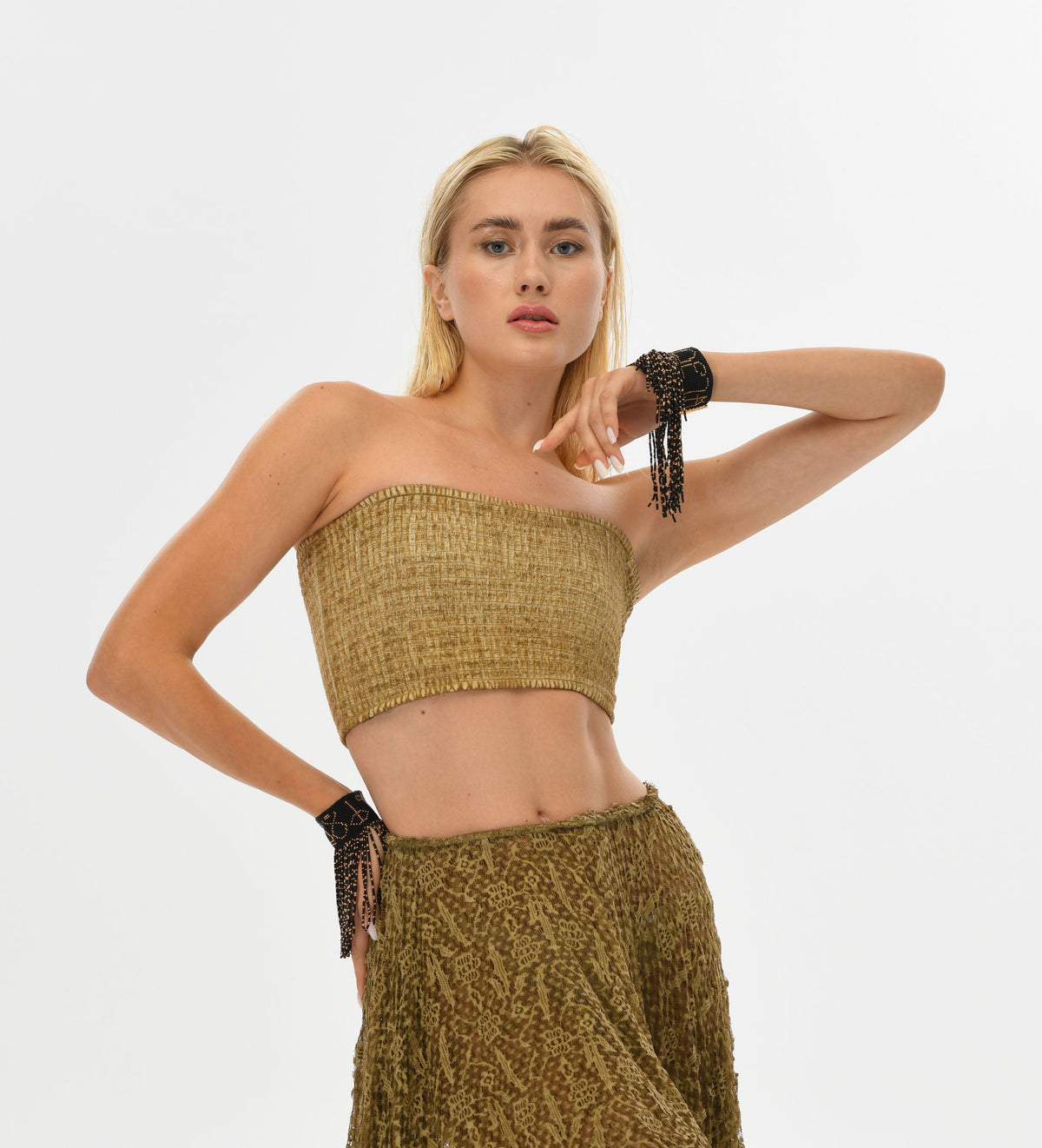 See-through boho lace skirt in desert sand, with a layered design perfect for resort wear or bohemian daily style.
