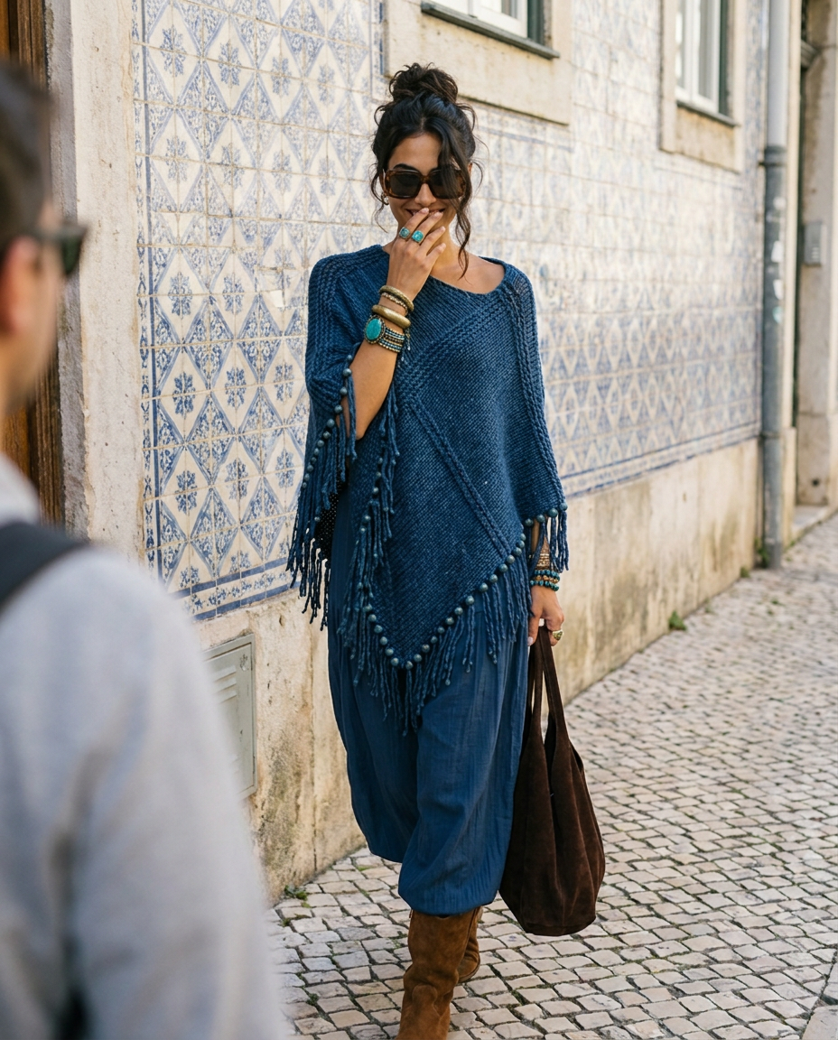 Root Hand-Knitted Merino Poncho in Deep Water by Zhenabia, view 10
