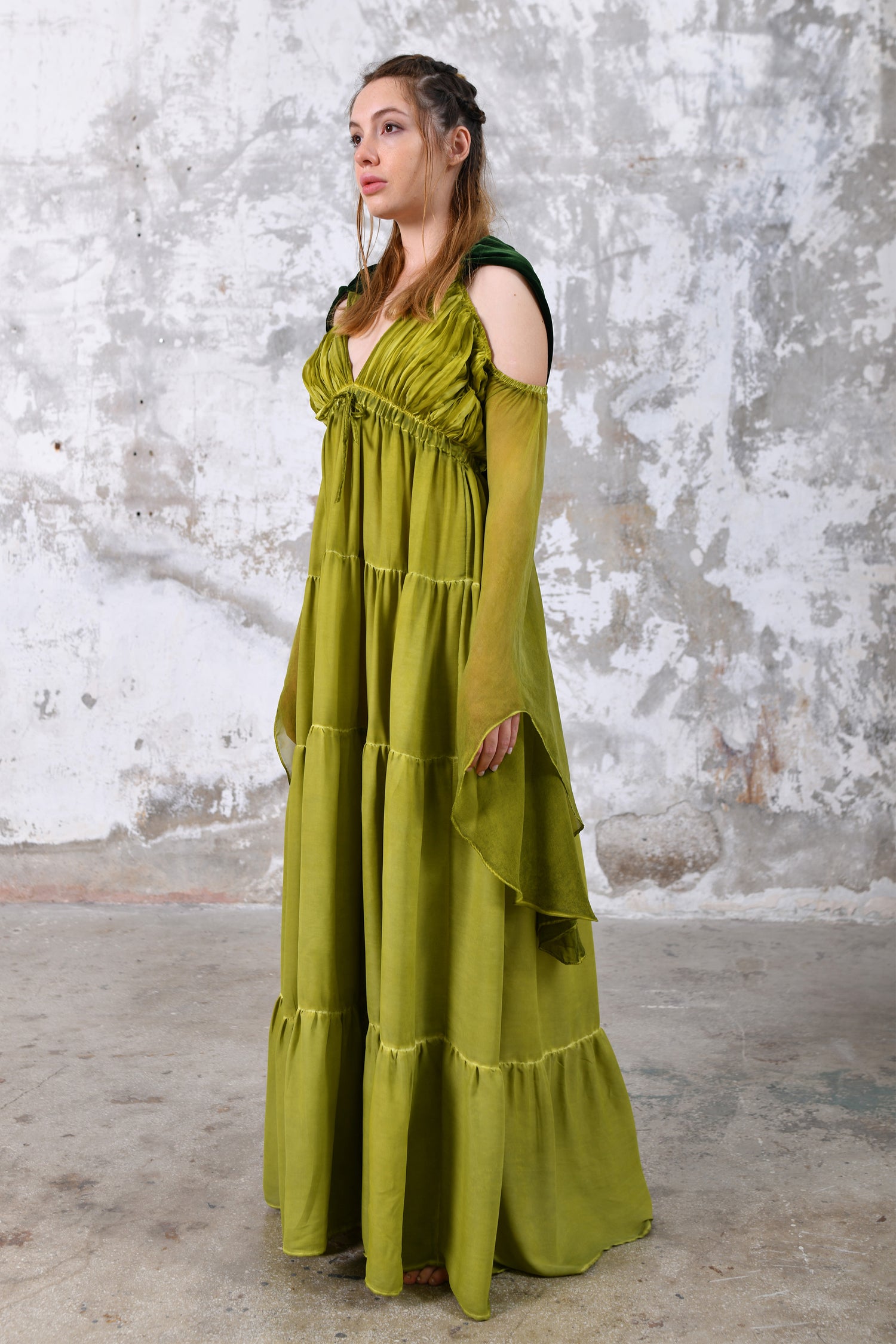 Bohemian wedding dresses Greek goddess bridal gowns Handmade chiffon dresses Silk velvet hoods Adjustable wedding dresses Elastic sleeves dresses Soft touch dresses Olive green wedding gowns One of a kind bridal dresses Natural dyeing process dresses Sustainable wedding dresses Eco-friendly bridal gowns Made to order dresses Custom wedding dresses