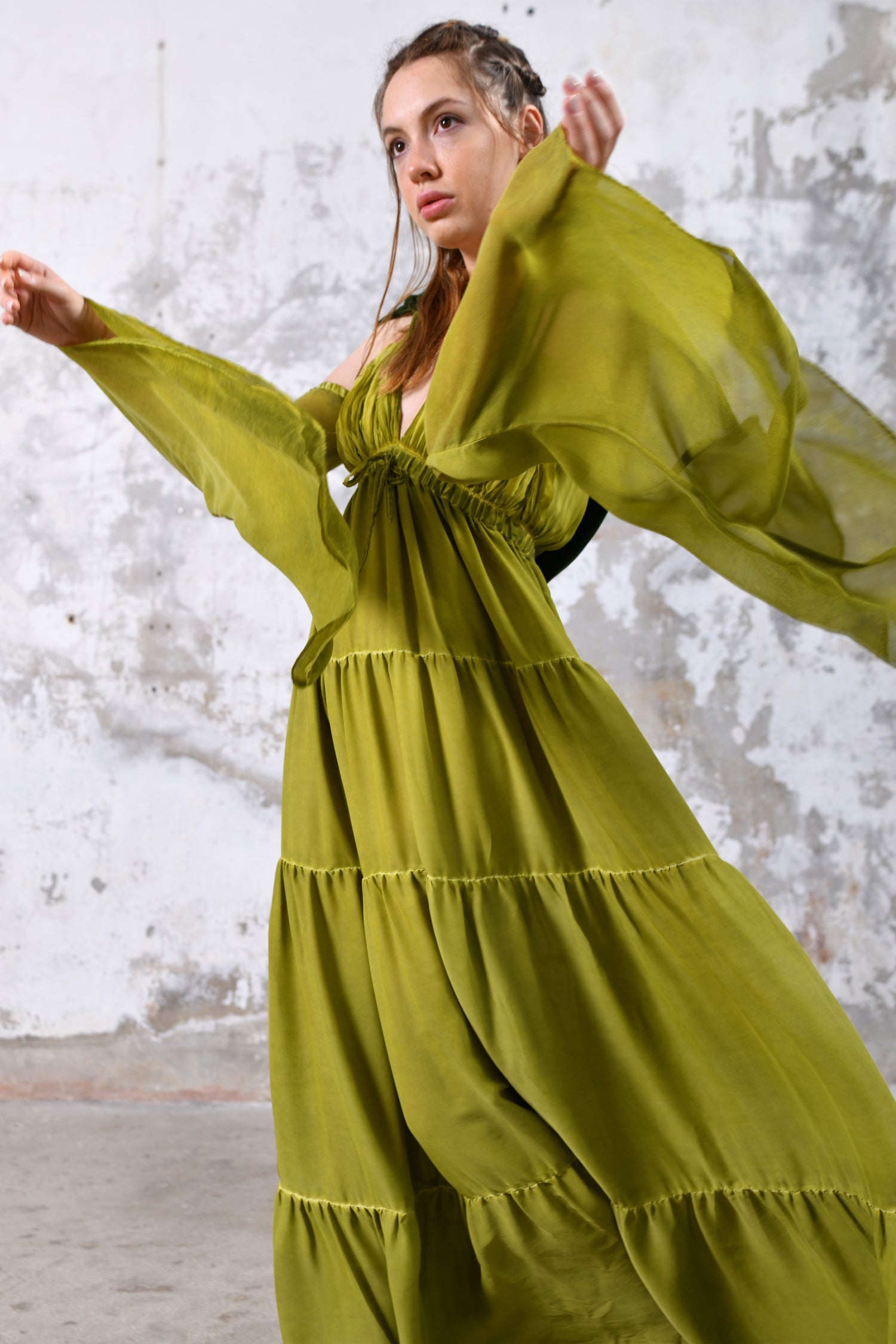 Bohemian wedding dresses Greek goddess bridal gowns Handmade chiffon dresses Silk velvet hoods Adjustable wedding dresses Elastic sleeves dresses Soft touch dresses Olive green wedding gowns One of a kind bridal dresses Natural dyeing process dresses Sustainable wedding dresses Eco-friendly bridal gowns Made to order dresses Custom wedding dresses