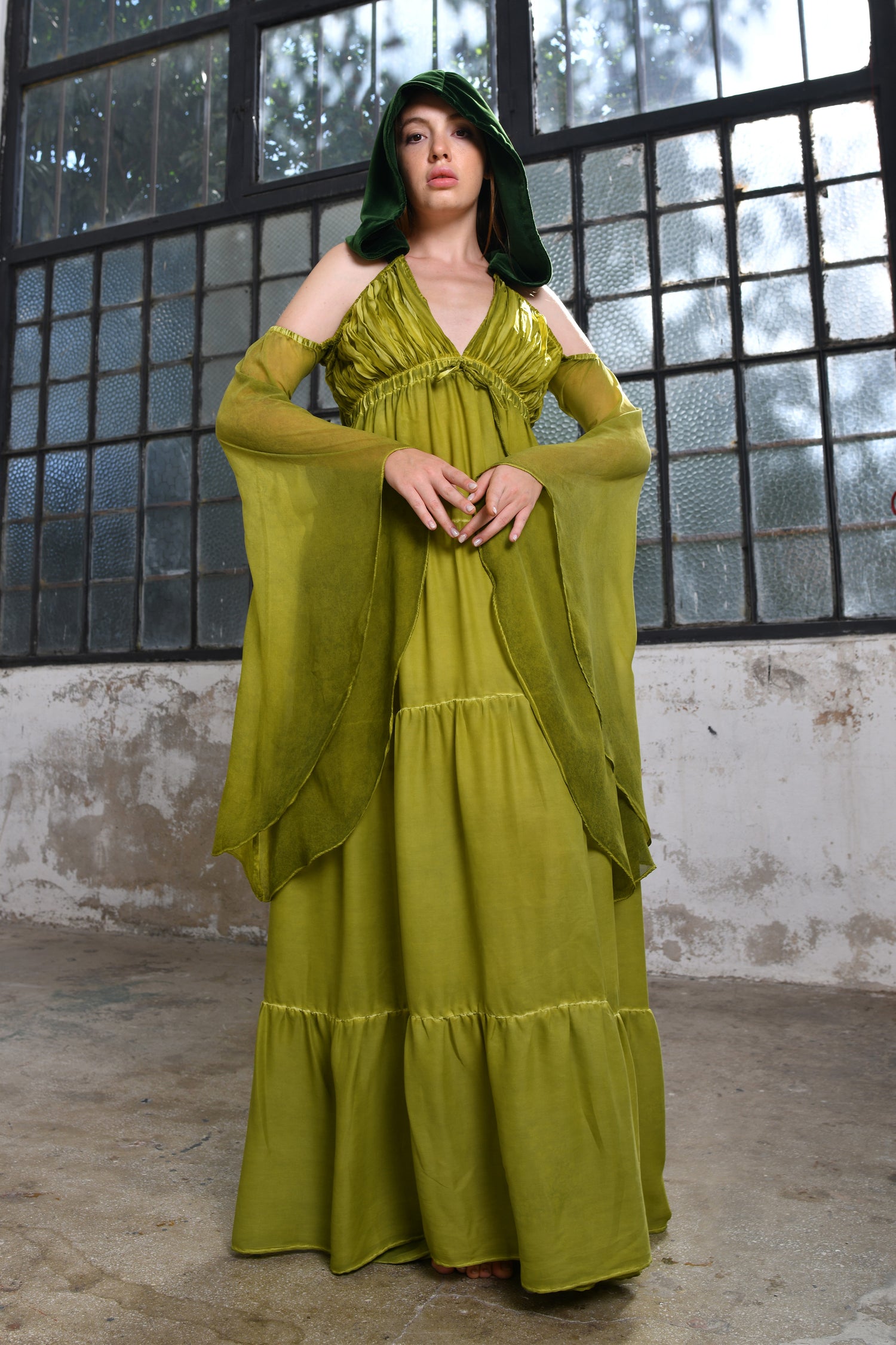 Bohemian wedding dresses Greek goddess bridal gowns Handmade chiffon dresses Silk velvet hoods Adjustable wedding dresses Elastic sleeves dresses Soft touch dresses Olive green wedding gowns One of a kind bridal dresses Natural dyeing process dresses Sustainable wedding dresses Eco-friendly bridal gowns Made to order dresses Custom wedding dresses