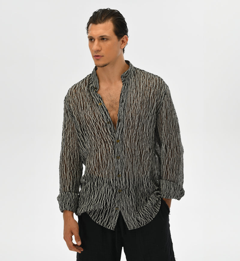 Bohemian menswear cotton shirt in black and white, with raw handwoven fabric. This eco-friendly, formal boho shirt is perfect for resort wear and festival fashion, crafted by women tailors in Turkey.