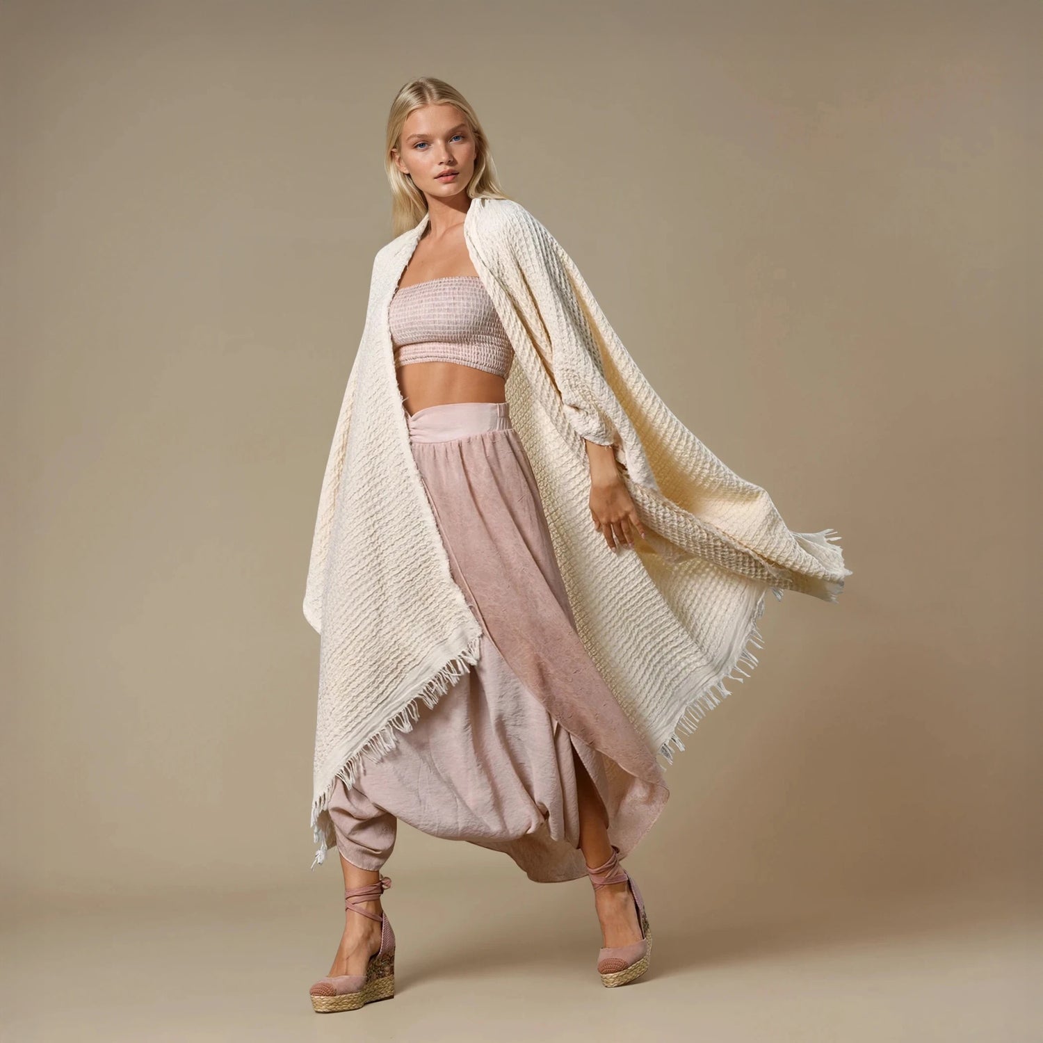 Waffle Poncho in Beige
