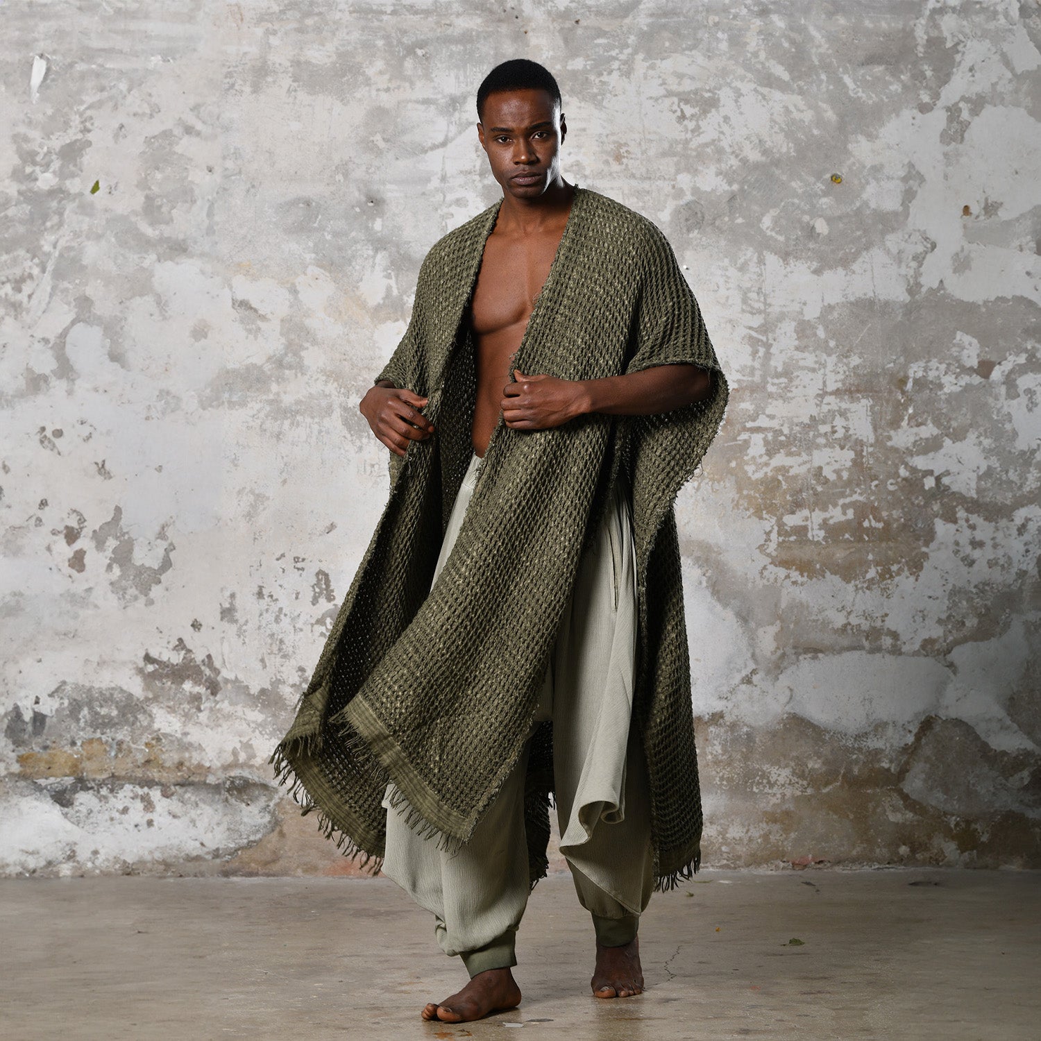 Waffle Poncho in Khaki Green