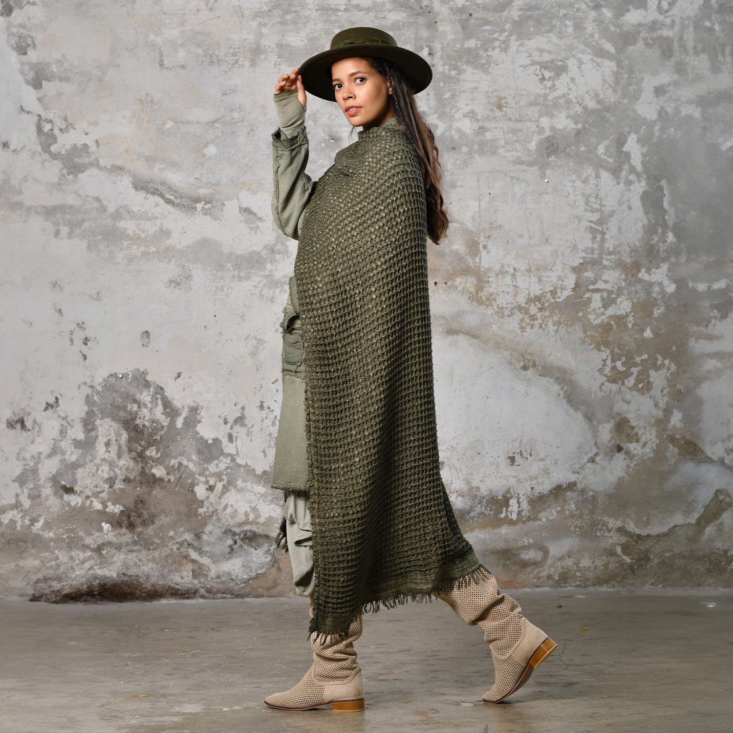 Waffle Poncho in Khaki Green