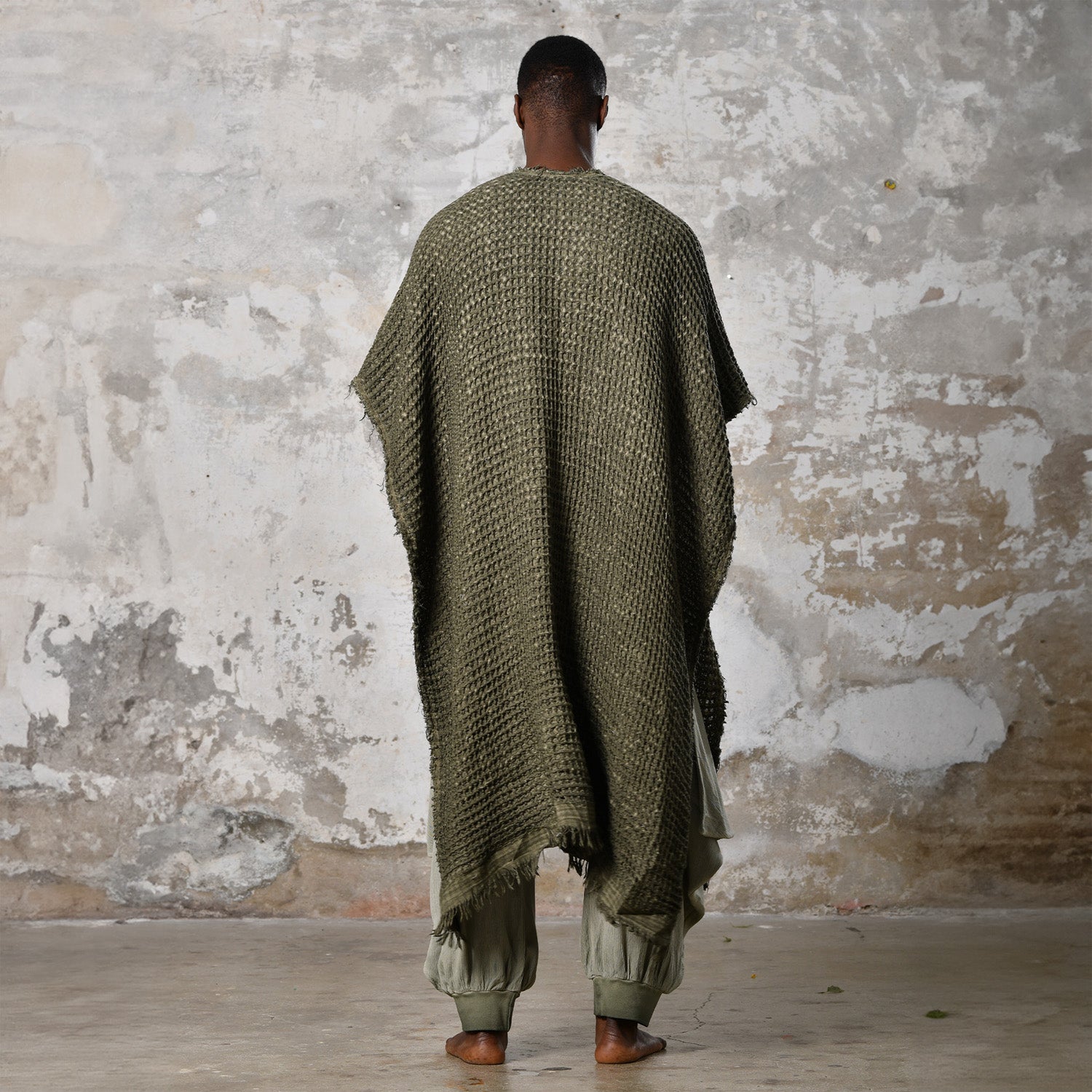 Waffle Poncho in Khaki Green