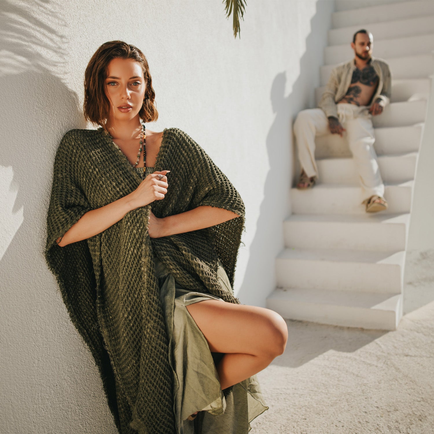 Waffle Poncho in Khaki Green