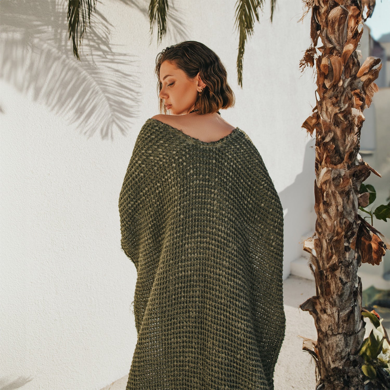 Waffle Poncho in Khaki Green