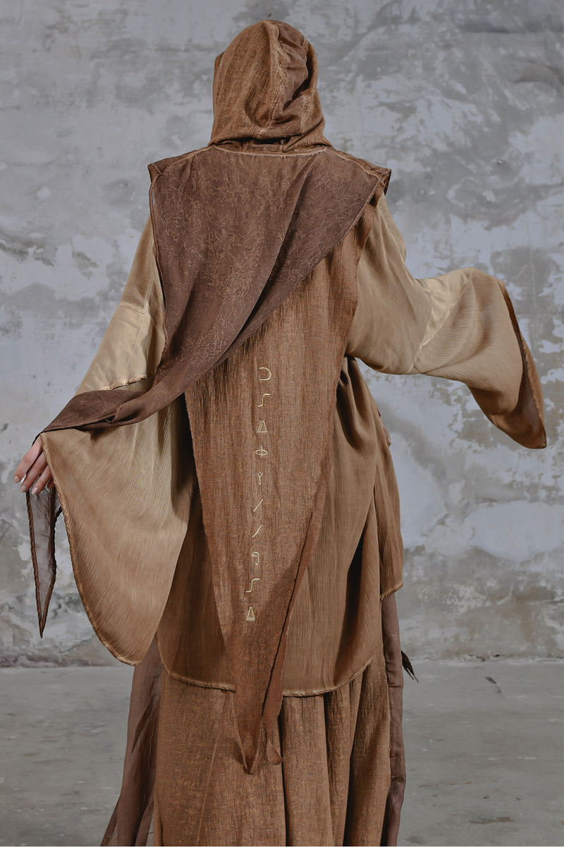 Desert Bohemian hooded shawl, unisex Jedi-inspired hooded shawl with mystical embroidery, spiritual hooded shawl for Star Wars cosplay and everyday wear, handcrafted shawl with boho-chic details and protective hood, breathable and comfortable shawl hood for outdoor adventures, unique and meaningful embroidered shawl for spiritual seekers, vibrant shawl hood, Jedi-inspired shawl for cosmic warriors, celestial-inspired shawl hood with intricate star embroidery,  burning man outfit