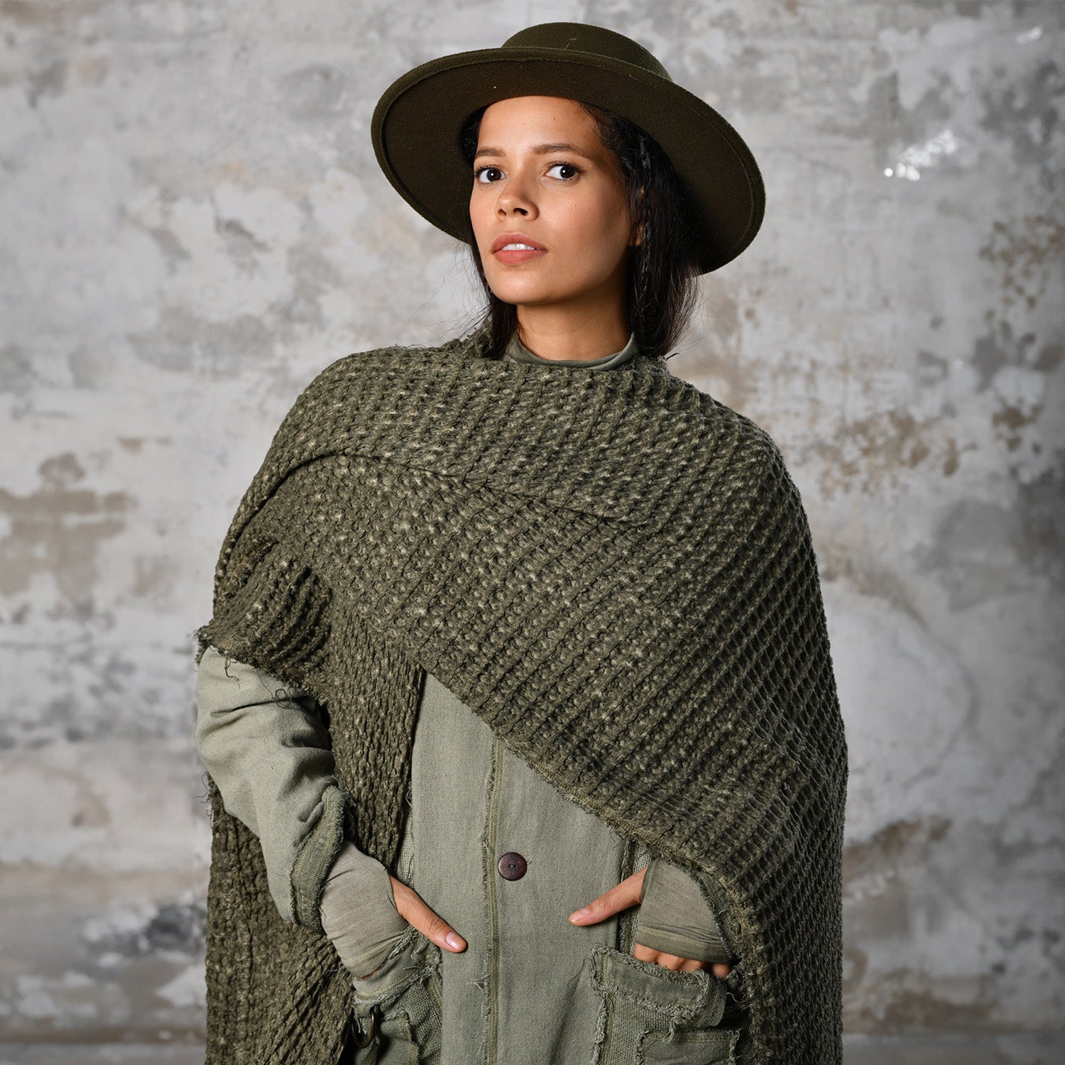 Waffle Poncho in Khaki Green