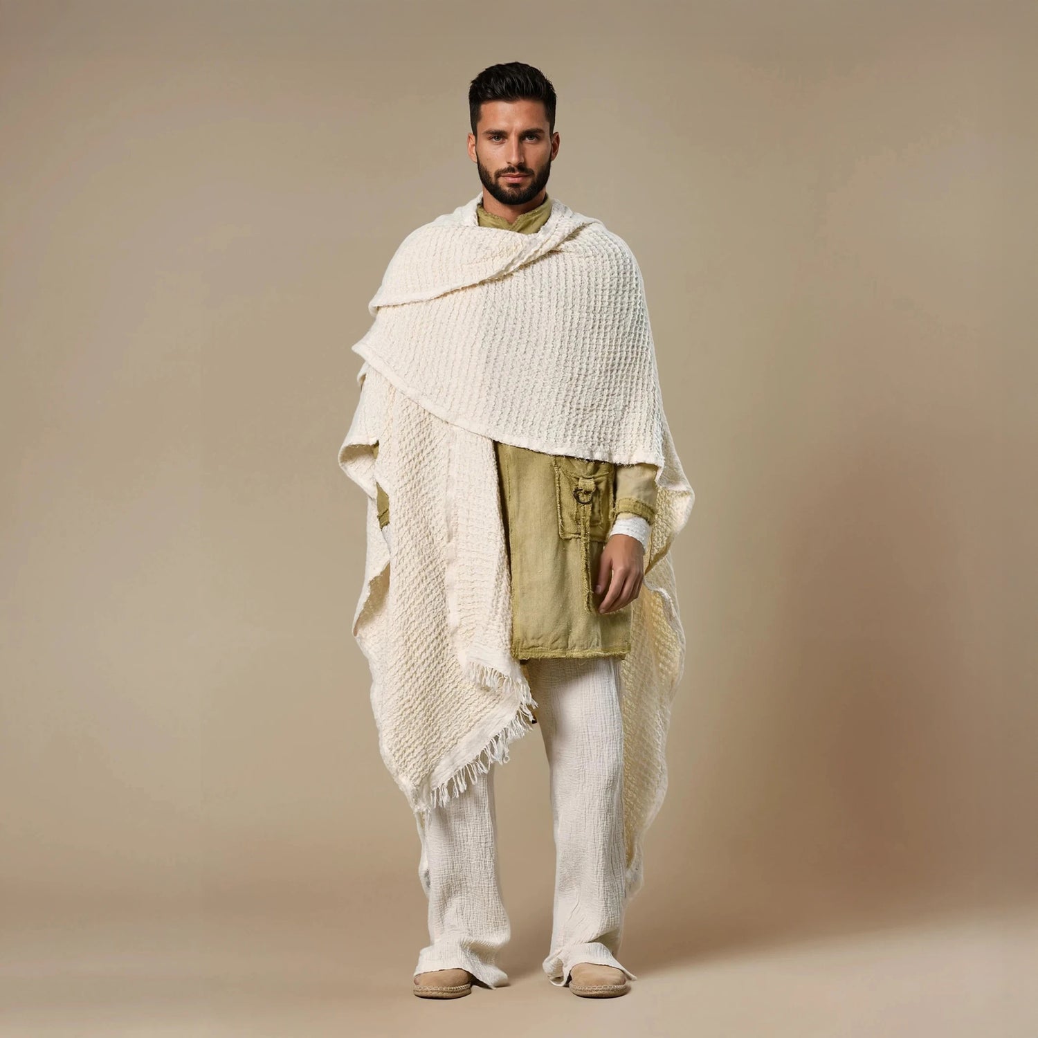 Waffle Poncho in Beige