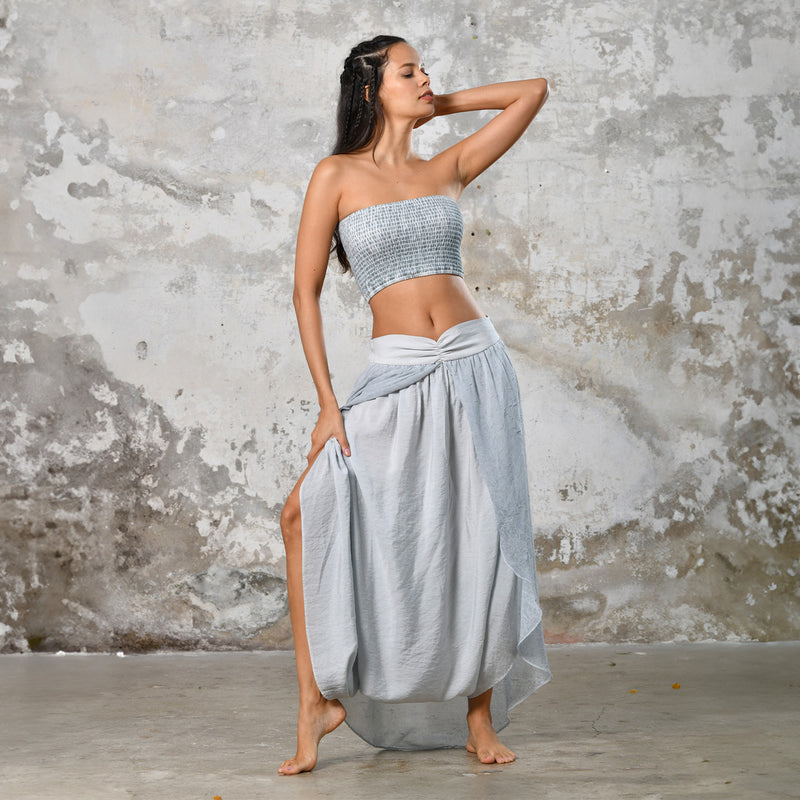 Step into timeless baby blue boho chic with our Boho high split skirt trousers. Crafted from organic materials, this sexy summer boho yoga pants , eco-conscious fashion for the modern goddess.