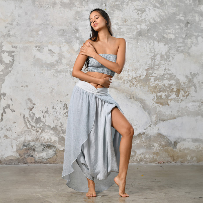 Step into timeless baby blue boho chic with our Boho high split skirt trousers. Crafted from organic materials, this sexy summer boho yoga pants , eco-conscious fashion for the modern goddess.