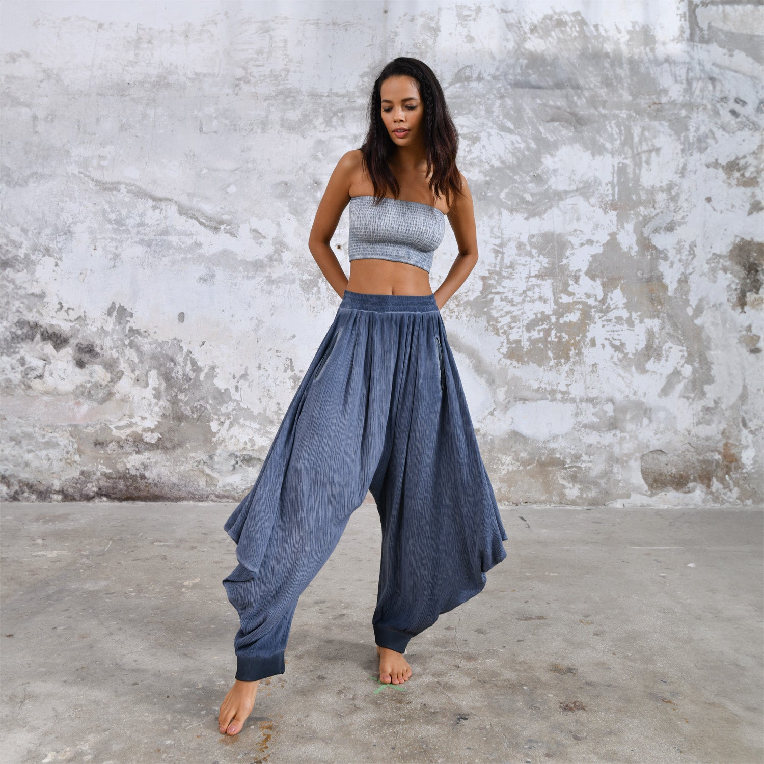 Blue Boho Women Beach Pants Organic Wide Leg Yoga Trousers Women Harem Pants Bohemian Loose Maxi Trousers Zhenabia