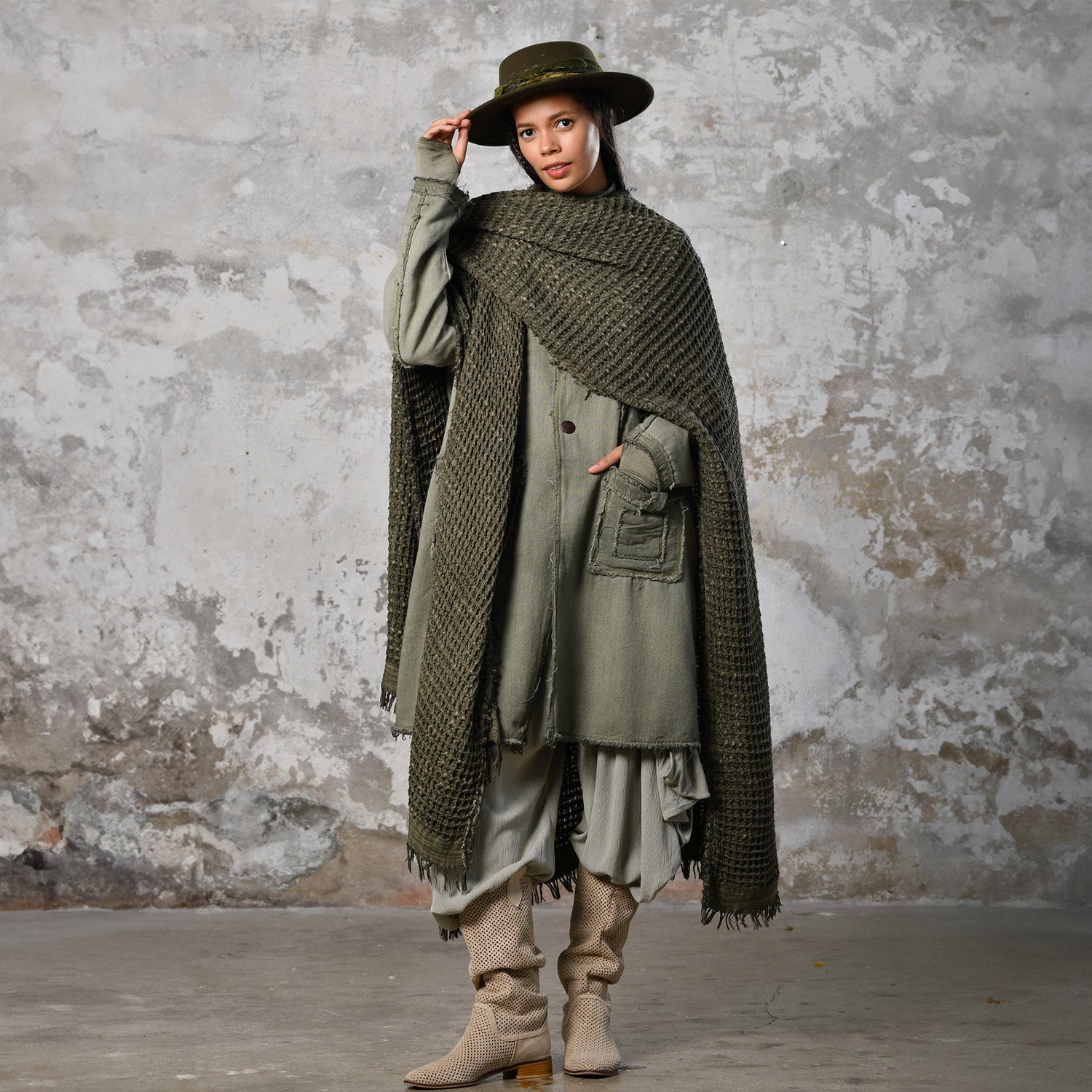 Waffle Poncho in Khaki Green