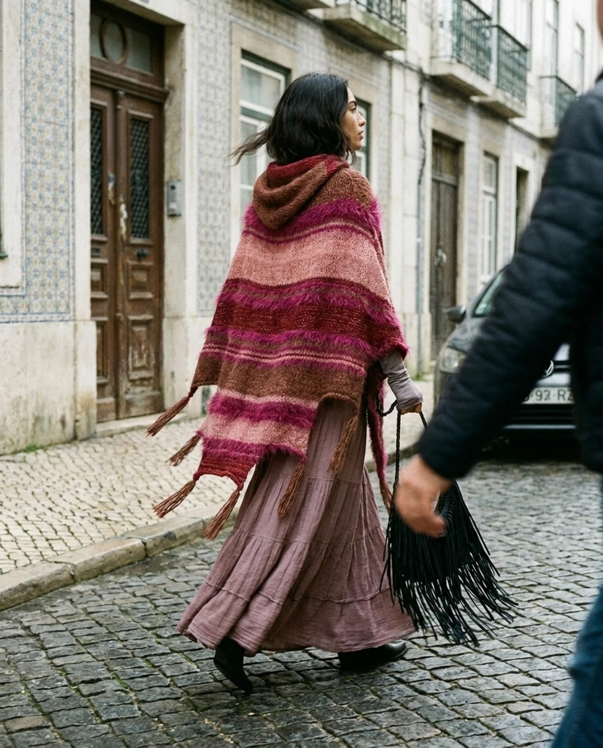 Puzzle Hand-Knitted Hooded Poncho · Pomegranate