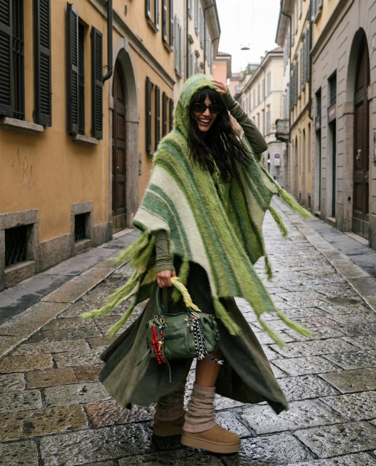 Puzzle Hand-Knitted Hooded Poncho · Moss