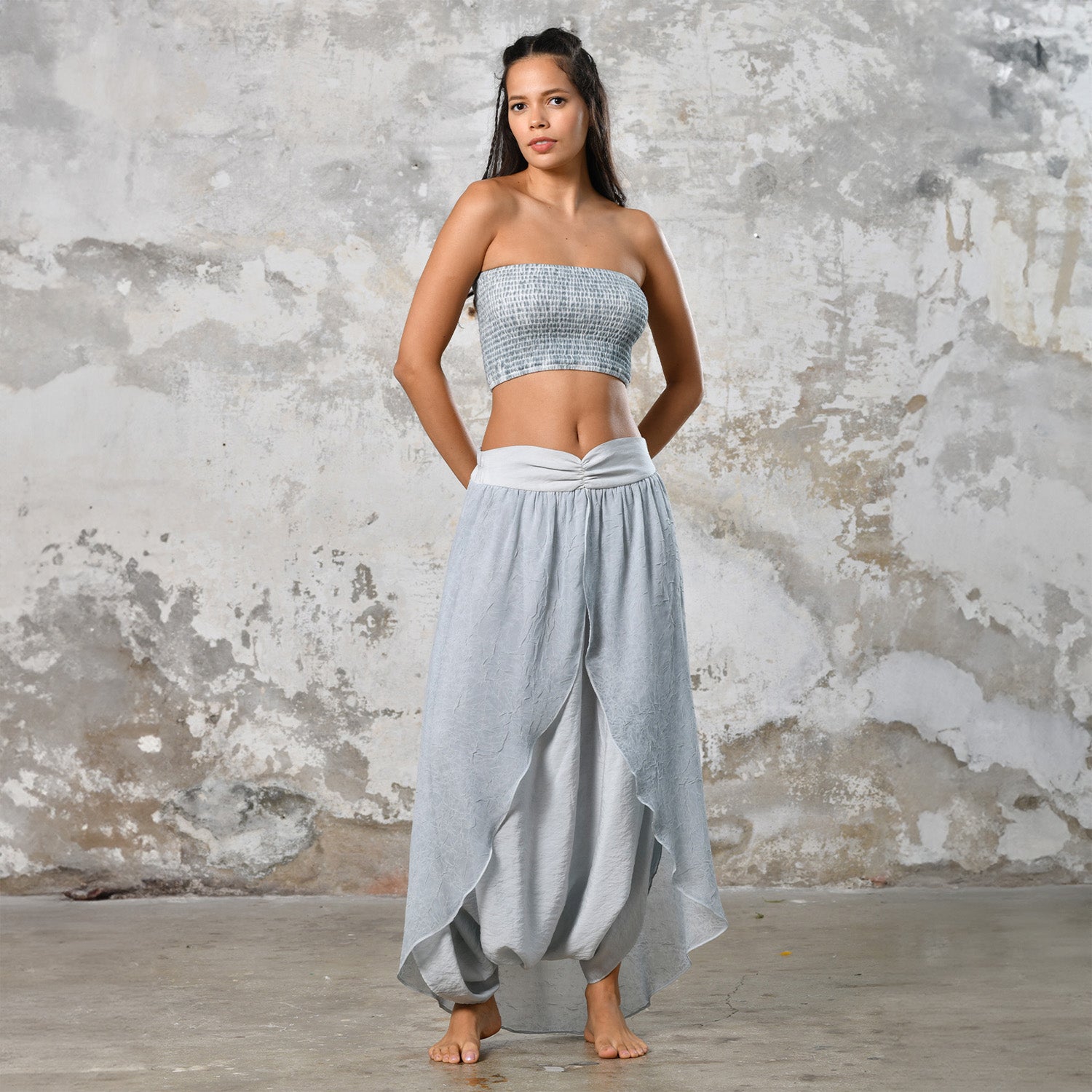 Step into timeless baby blue boho chic with our Boho high split skirt trousers. Crafted from organic materials, this sexy summer boho yoga pants , eco-conscious fashion for the modern goddess.