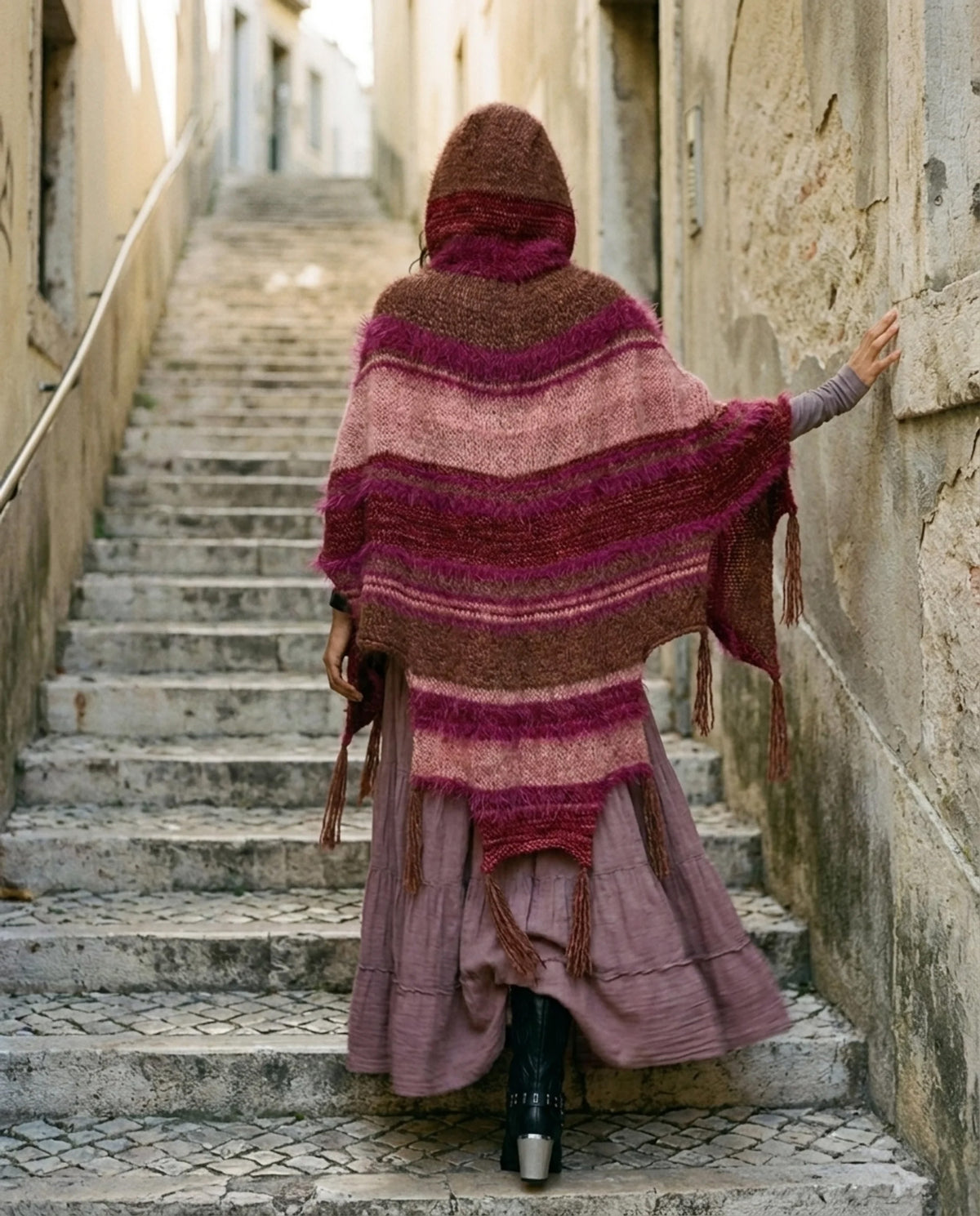 Puzzle Hand-Knitted Hooded Poncho · Pomegranate