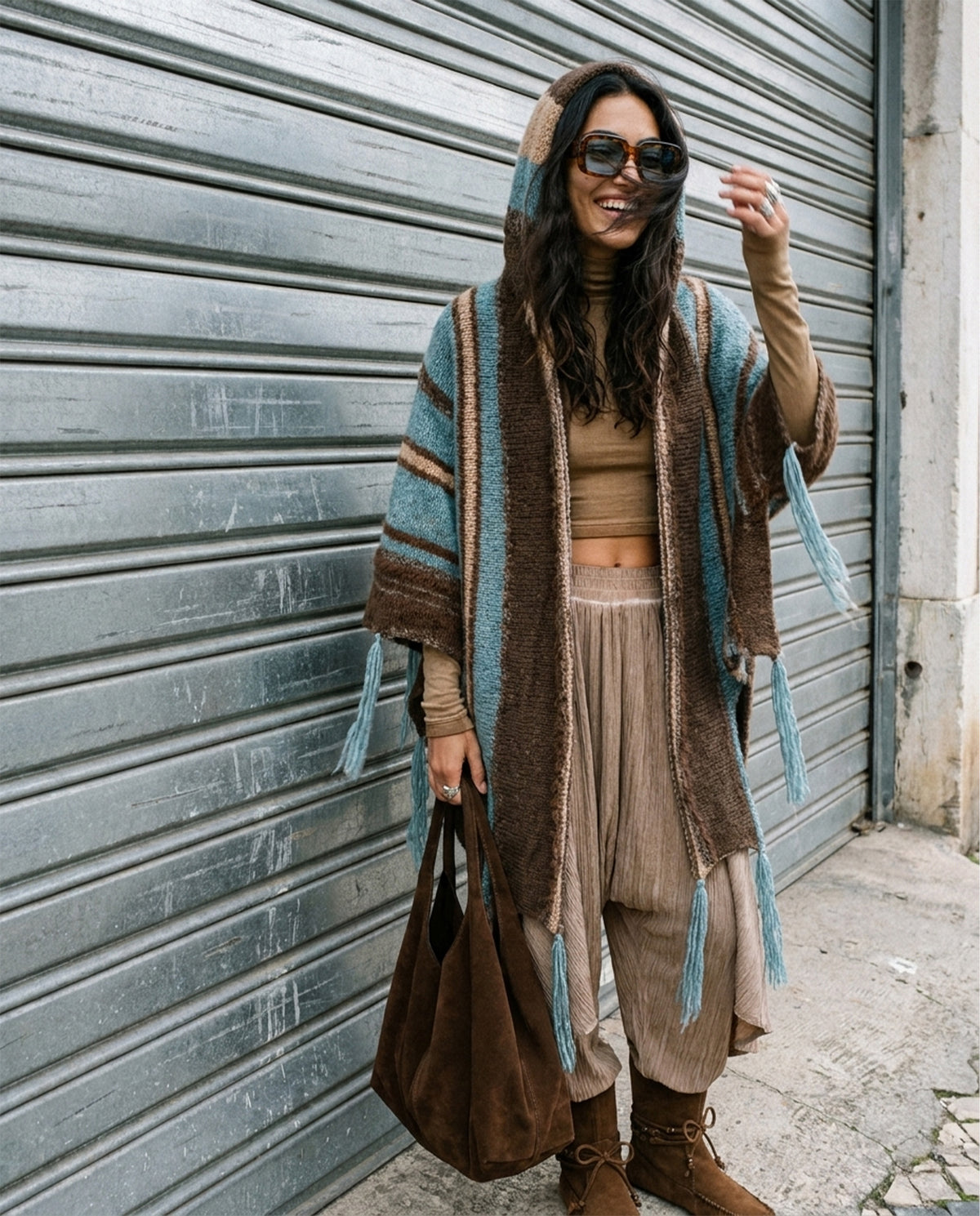 Puzzle Hand-Knitted Hooded Poncho · Bosphorus