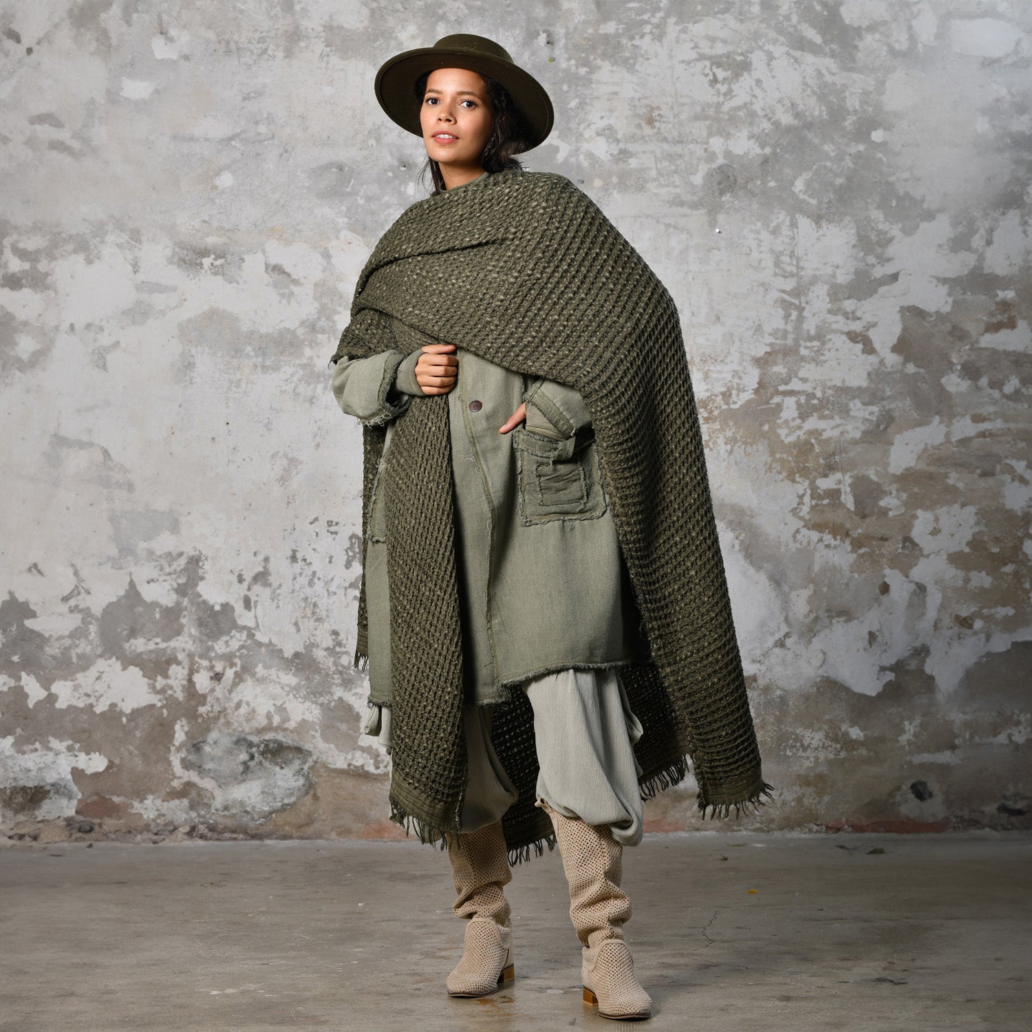 Waffle Poncho in Khaki Green