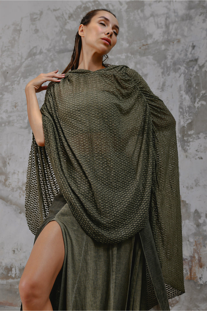 Green Bohemian poncho hooded shawl, Ethnic print women's poncho, Spiritual clothing accessory, Handmade boho chic poncho, Flowy and comfortable poncho for women, Layering piece for chilly evenings, Statement piece for festivals and events, Unique and intricate design, Vibrant and earthy colors, Perfect for yoga and meditation practices.