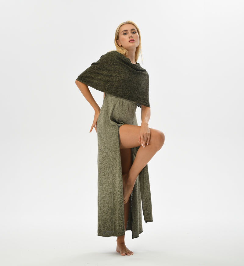 Convertible khaki green hooded dress with an open back and high splits. The hood transforms into a shawl for added versatility, made from hand-dyed cotton and linen for a unique boho look.