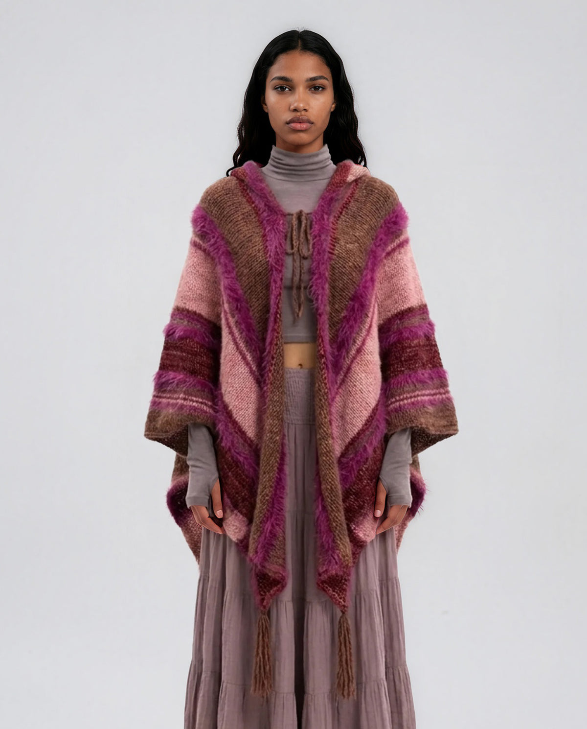 Puzzle Hand-Knitted Hooded Poncho · Pomegranate