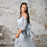  Introducing our Off-Shoulder Blue Boho Top, a symbol of effortless charm and Bohemian elegance. Crafted with an off-shoulder design, this top exudes a chic and relaxed vibe, perfect for the modern free spirit. In a serene baby blue hue, it adds a touch of ethereal beauty to any ensemble. Made from organic materials, it's a testament to sustainable fashion for the conscious woman. Embrace your inner goddess with this Gypsy-inspired piece, ideal for adding a Boho flair to your wardrobe.