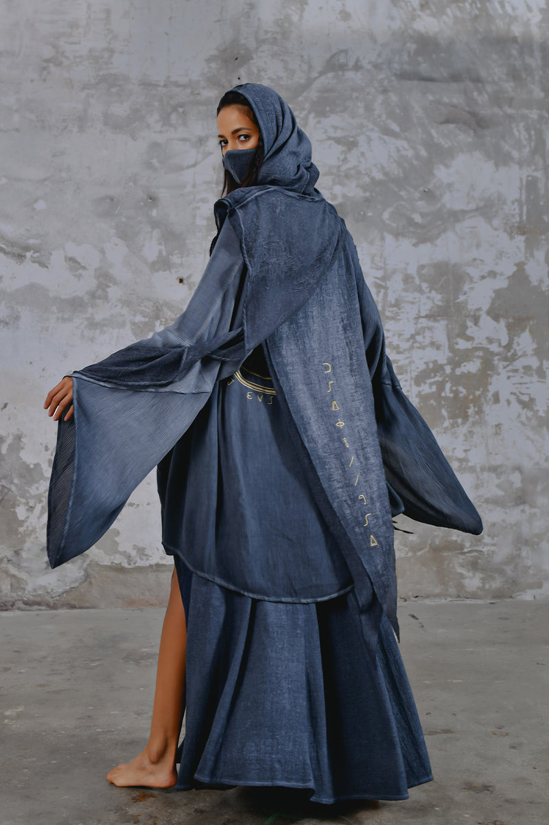 Bohemian hooded shawl, unisex Jedi-inspired hooded shawl with mystical embroidery, spiritual hooded shawl for Star Wars cosplay and everyday wear, handcrafted shawl with boho-chic details and protective hood, breathable and comfortable shawl hood for outdoor adventures, unique and meaningful embroidered shawl for spiritual seekers, vibrant blue shawl hood, Jedi-inspired shawl for cosmic warriors, celestial-inspired shawl hood with intricate star embroidery,  burning man outfit