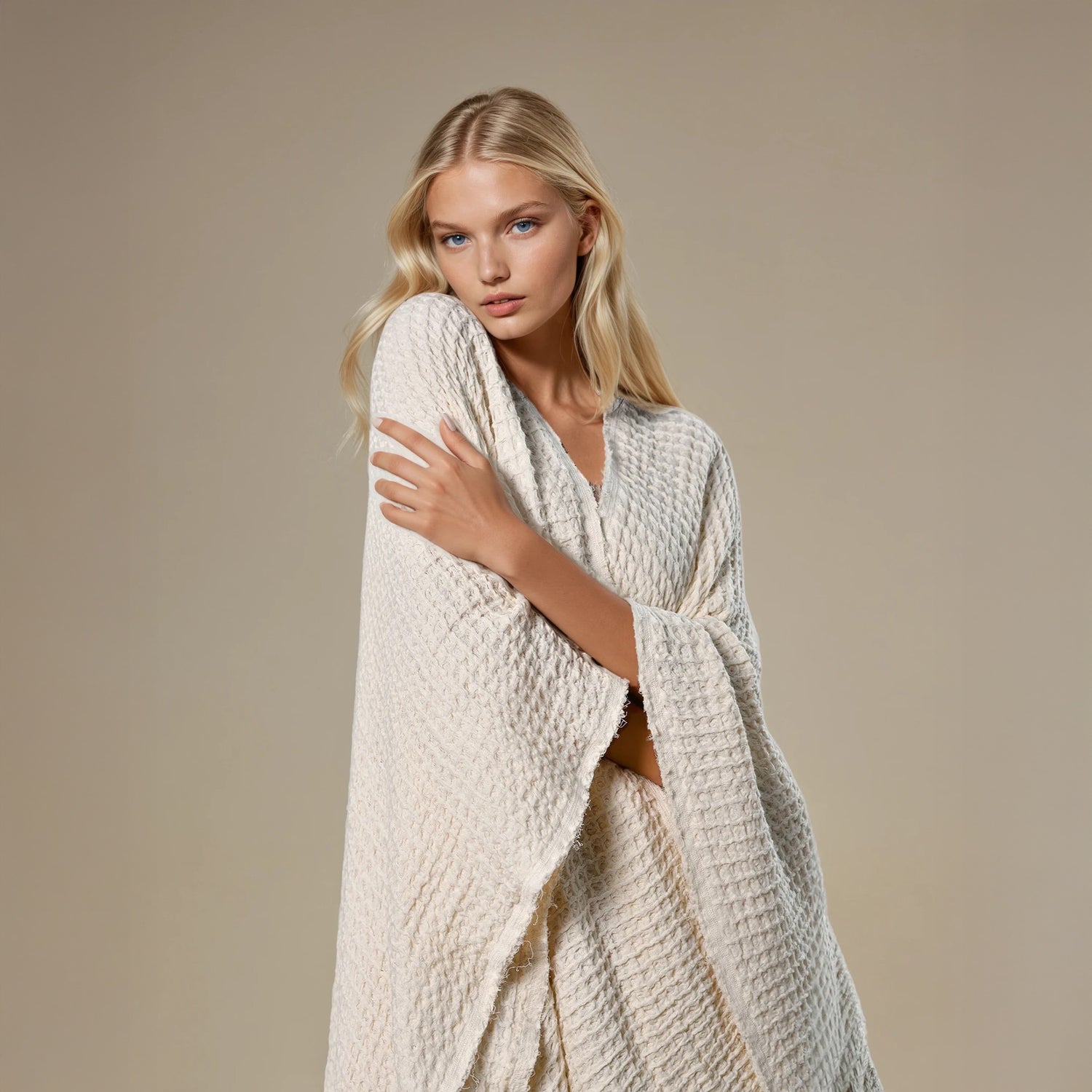 Waffle Poncho in Beige