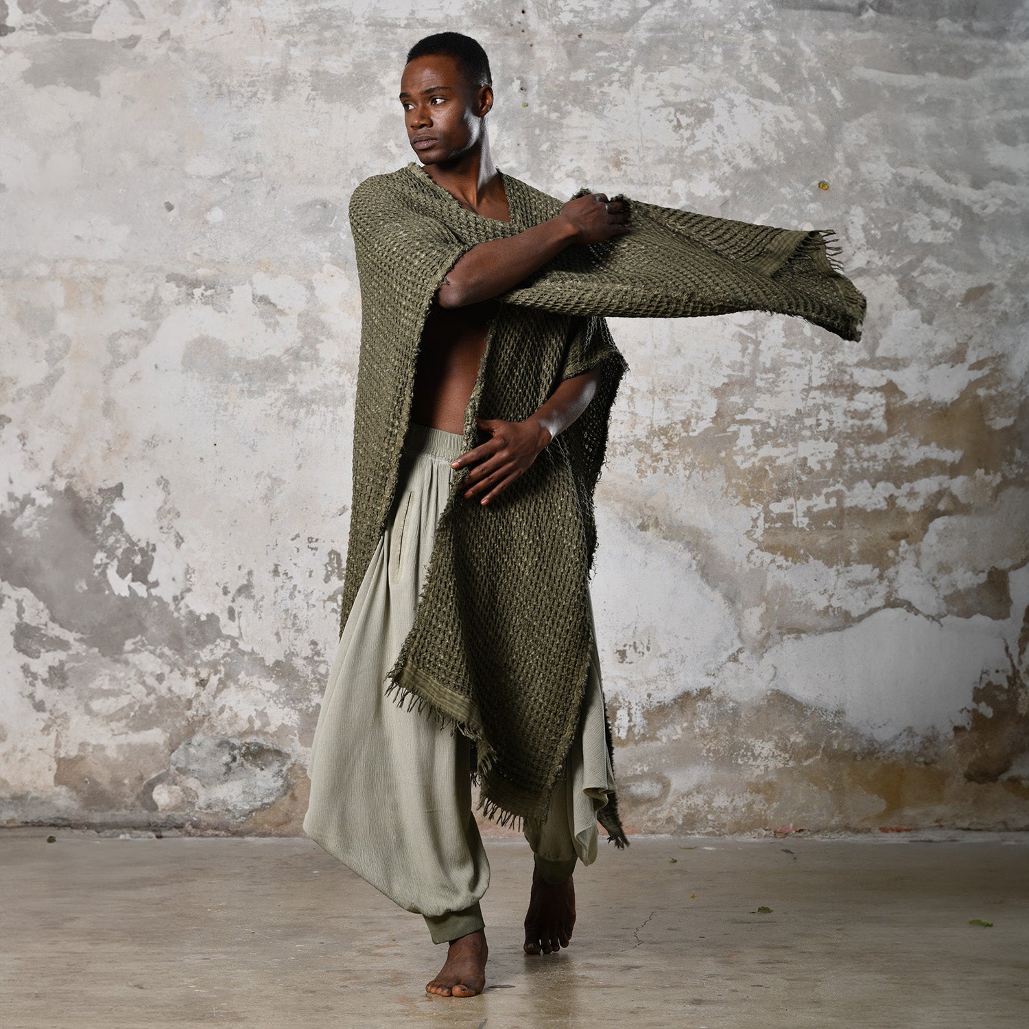 Waffle Poncho in Khaki Green