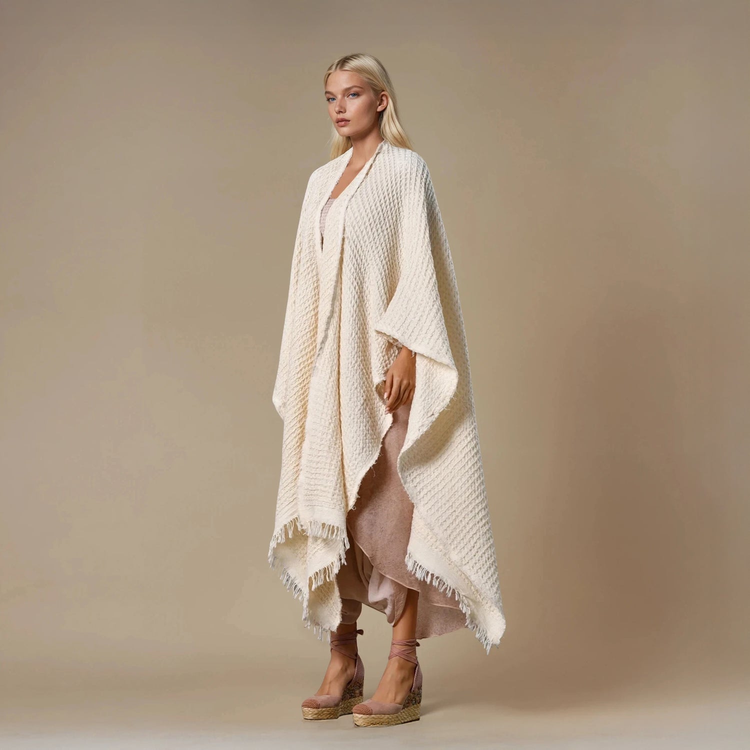 Waffle Poncho in Beige