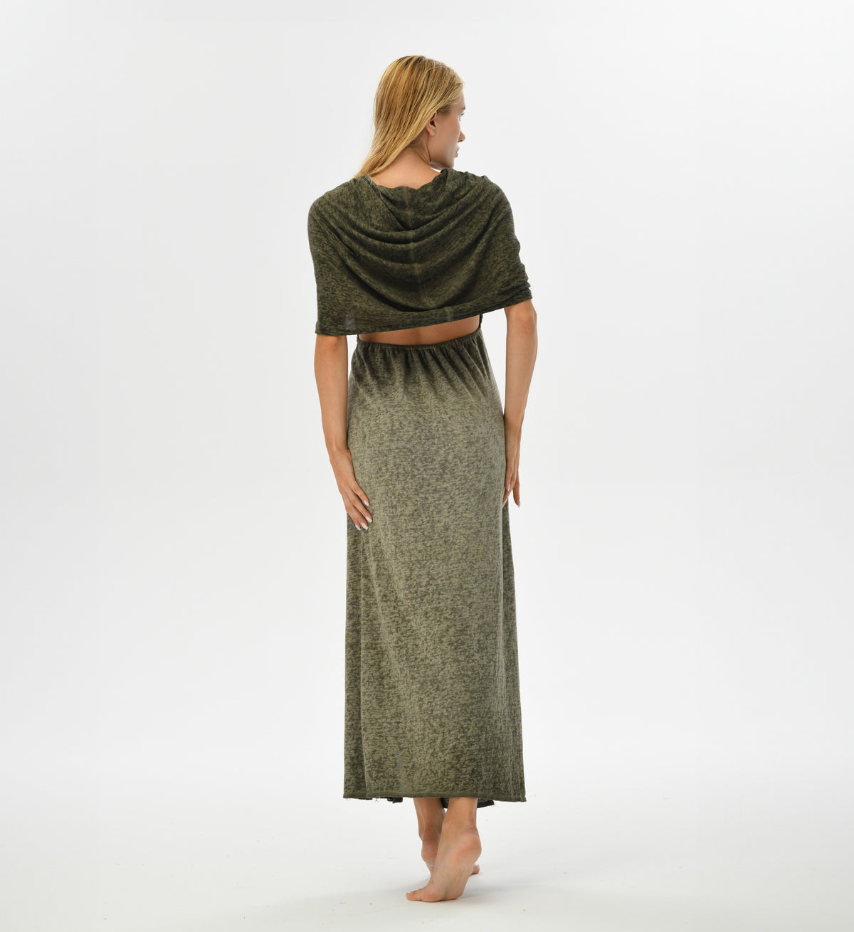 Warrior-inspired khaki green dress with an open back, high side splits, and a hood that transforms into a shawl. Made from a hand-dyed cotton and linen blend, ideal for festival fashion.